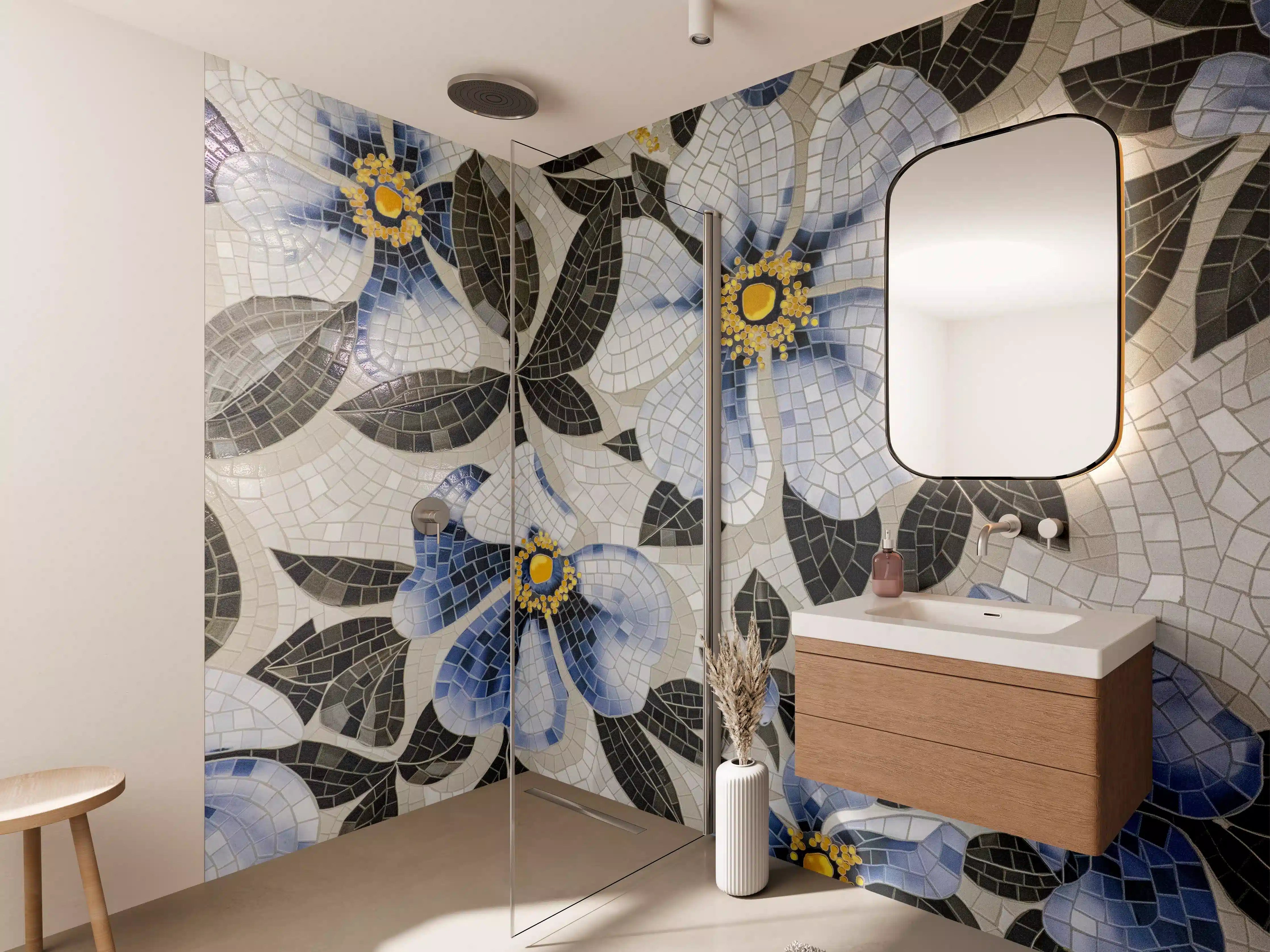 Wandverkleidung Bad - Blaue Blumen Mosaikfliesen