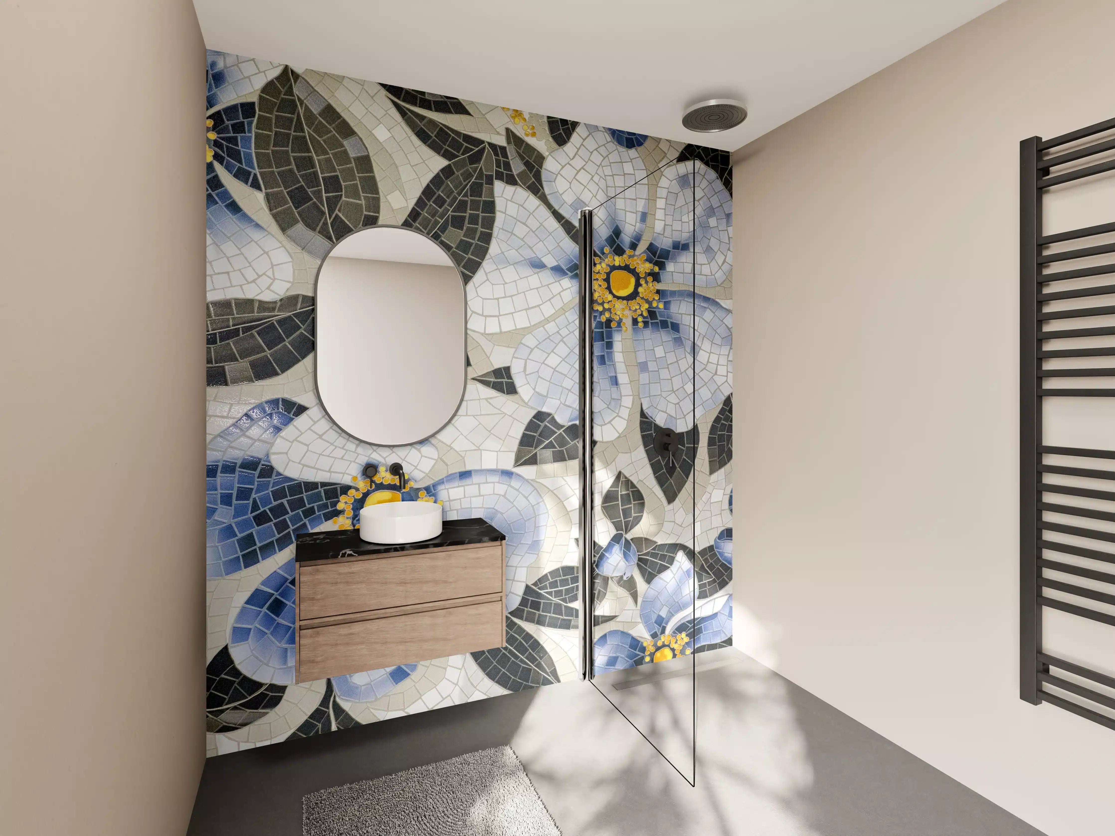 Wandverkleidung Bad - Blaue Blumen Mosaikfliesen