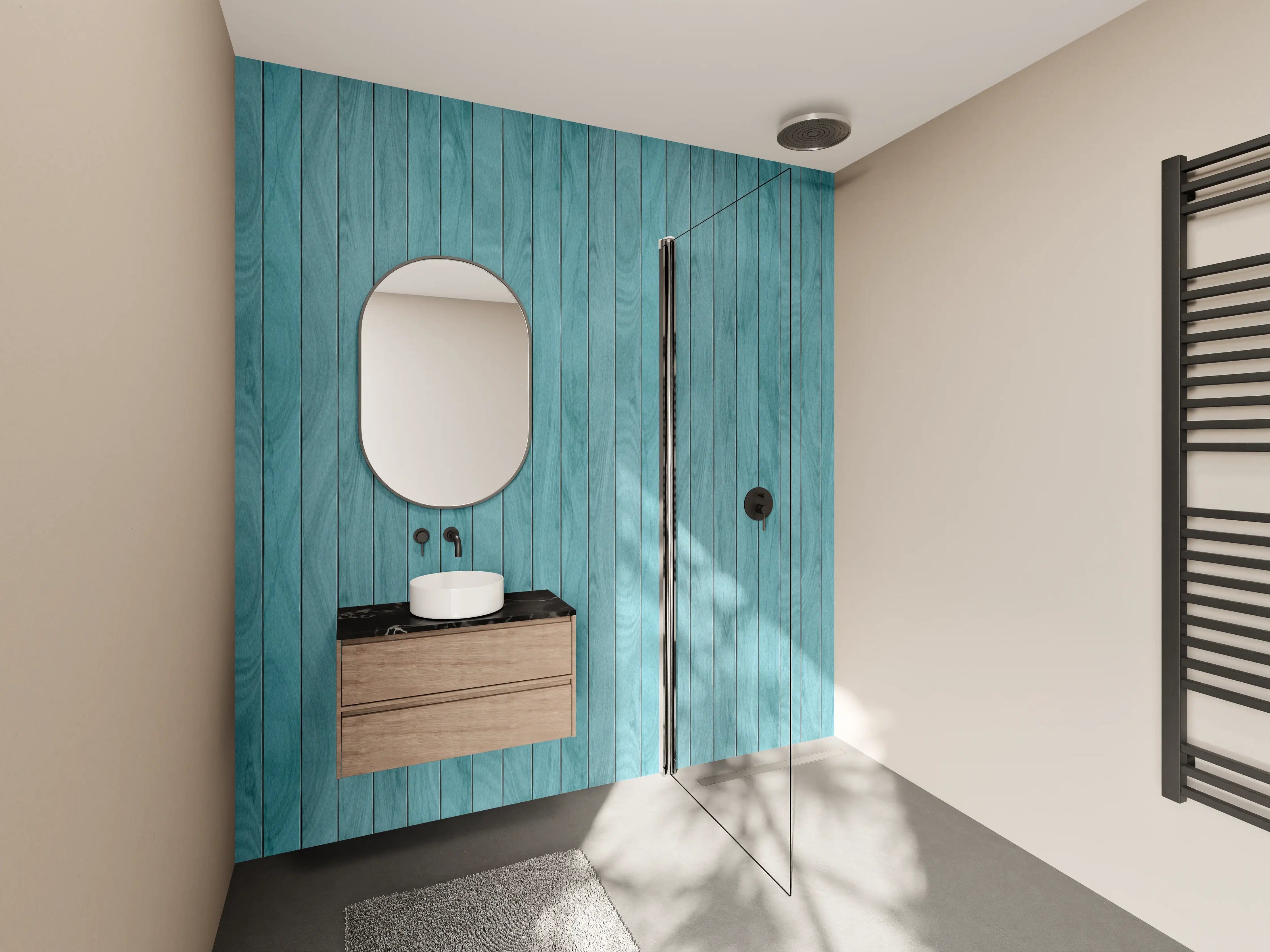 Wandverkleidung Bad - Blaue Holzpaneele mit strukturierter Oberfläche