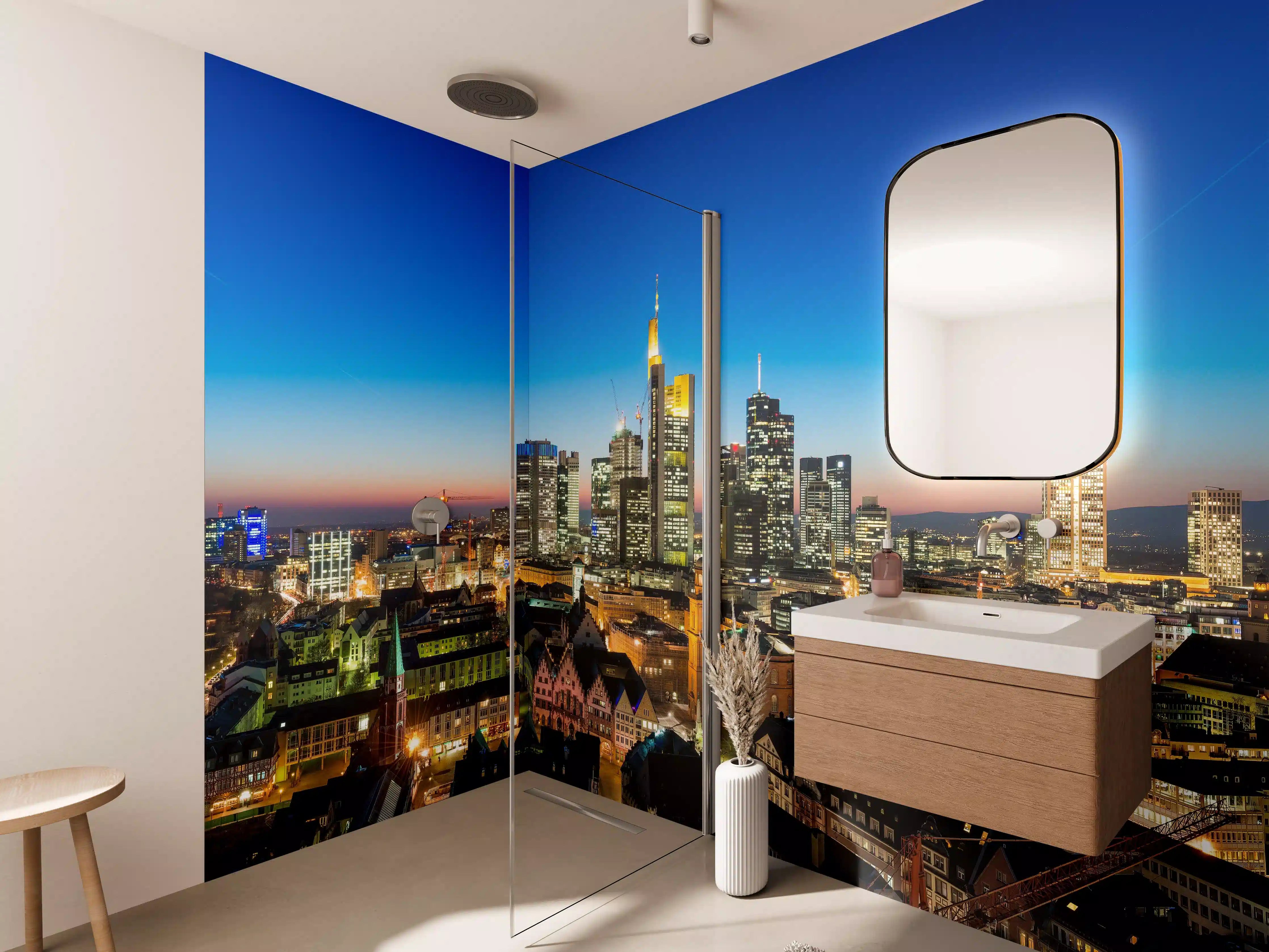 Wandverkleidung Bad - Blaue Skyline bei Abenddämmerung