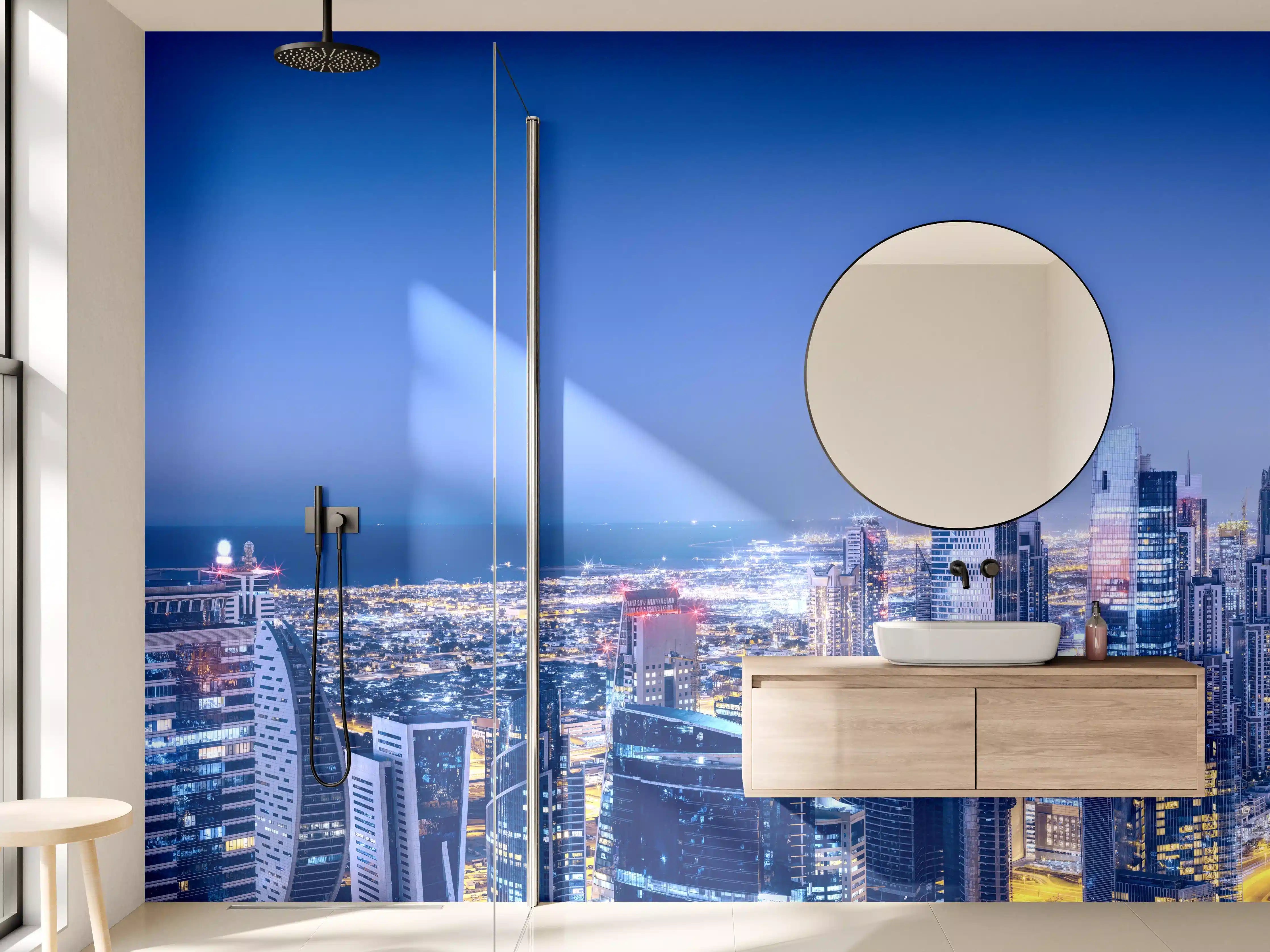 Wandverkleidung Bad - Blaue Skyline bei Nacht