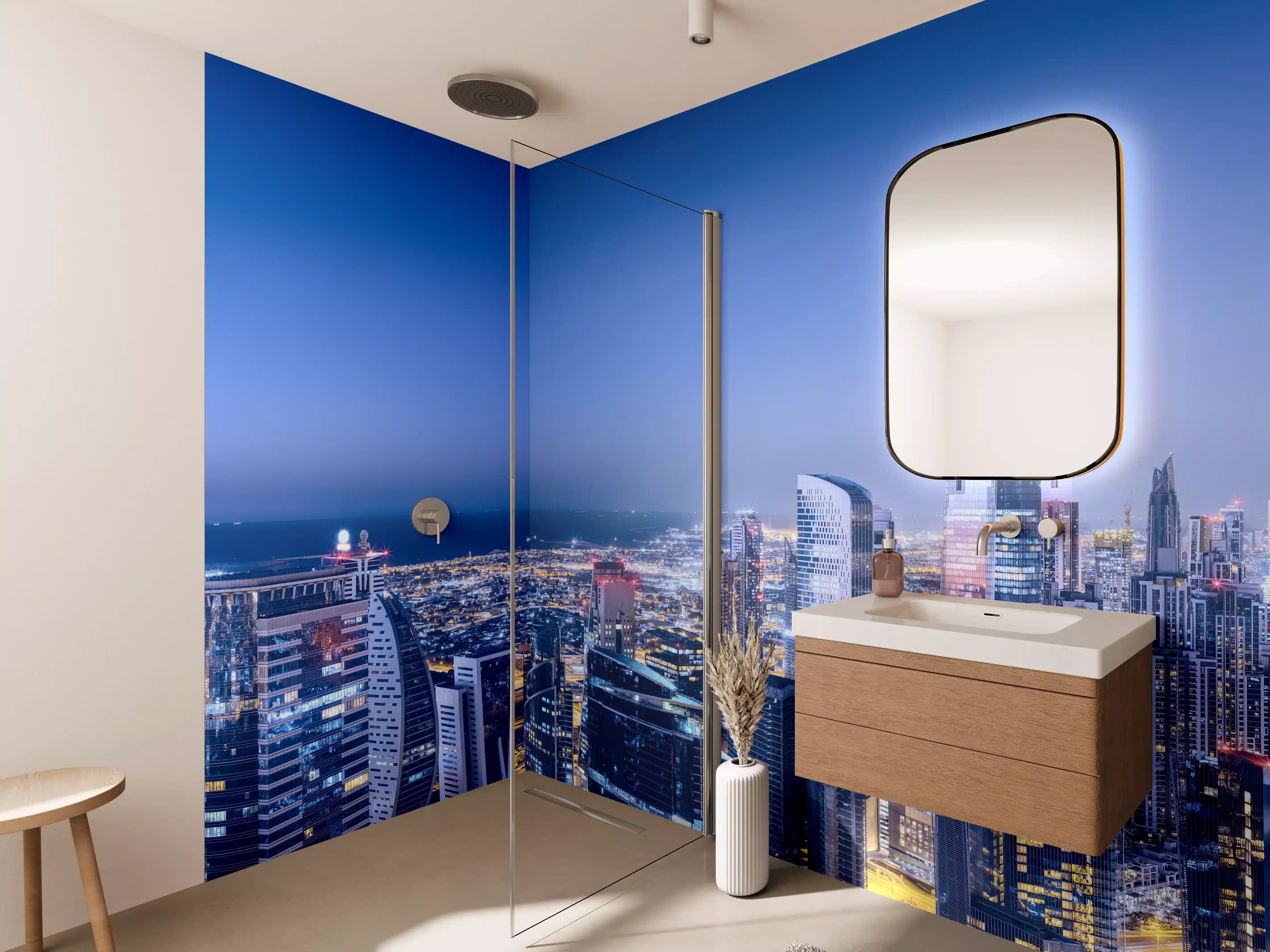 Wandverkleidung Bad - Blaue Skyline bei Nacht