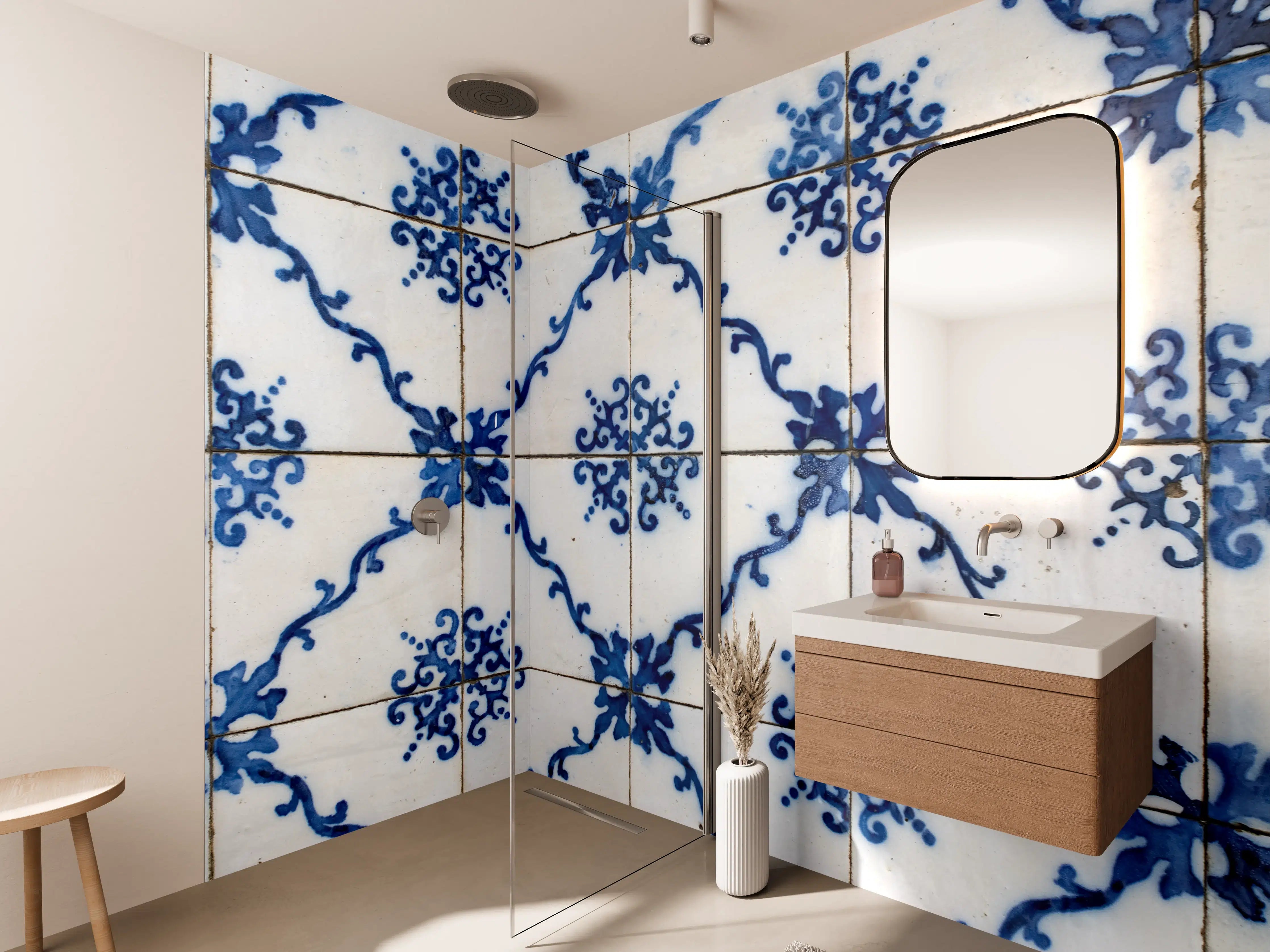 Wandverkleidung Bad - Blaue Vintage-Fliesentapete mit Ornamentmuster