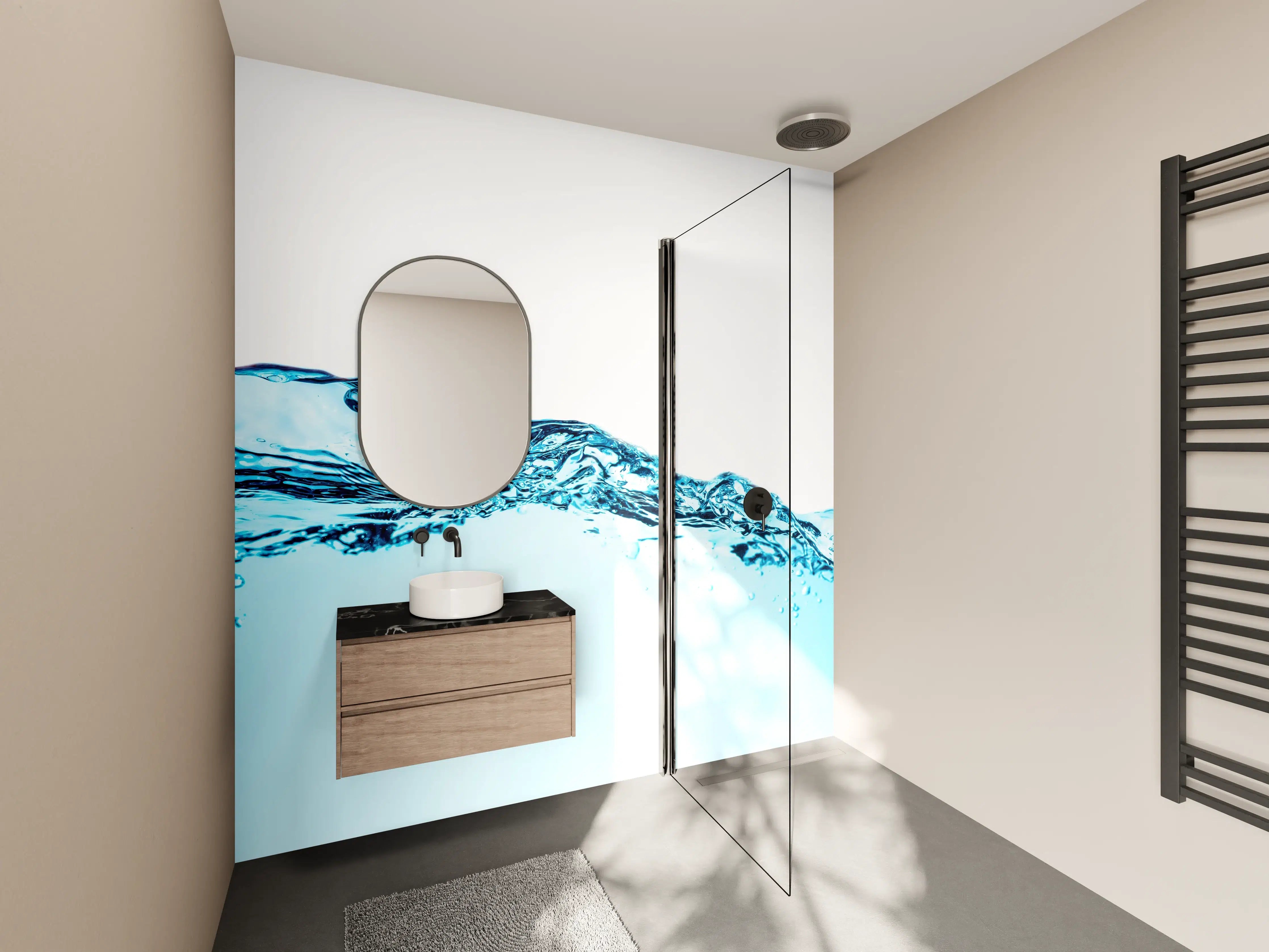 Wandverkleidung Bad - Blaue Wasserwelle mit Bläschen