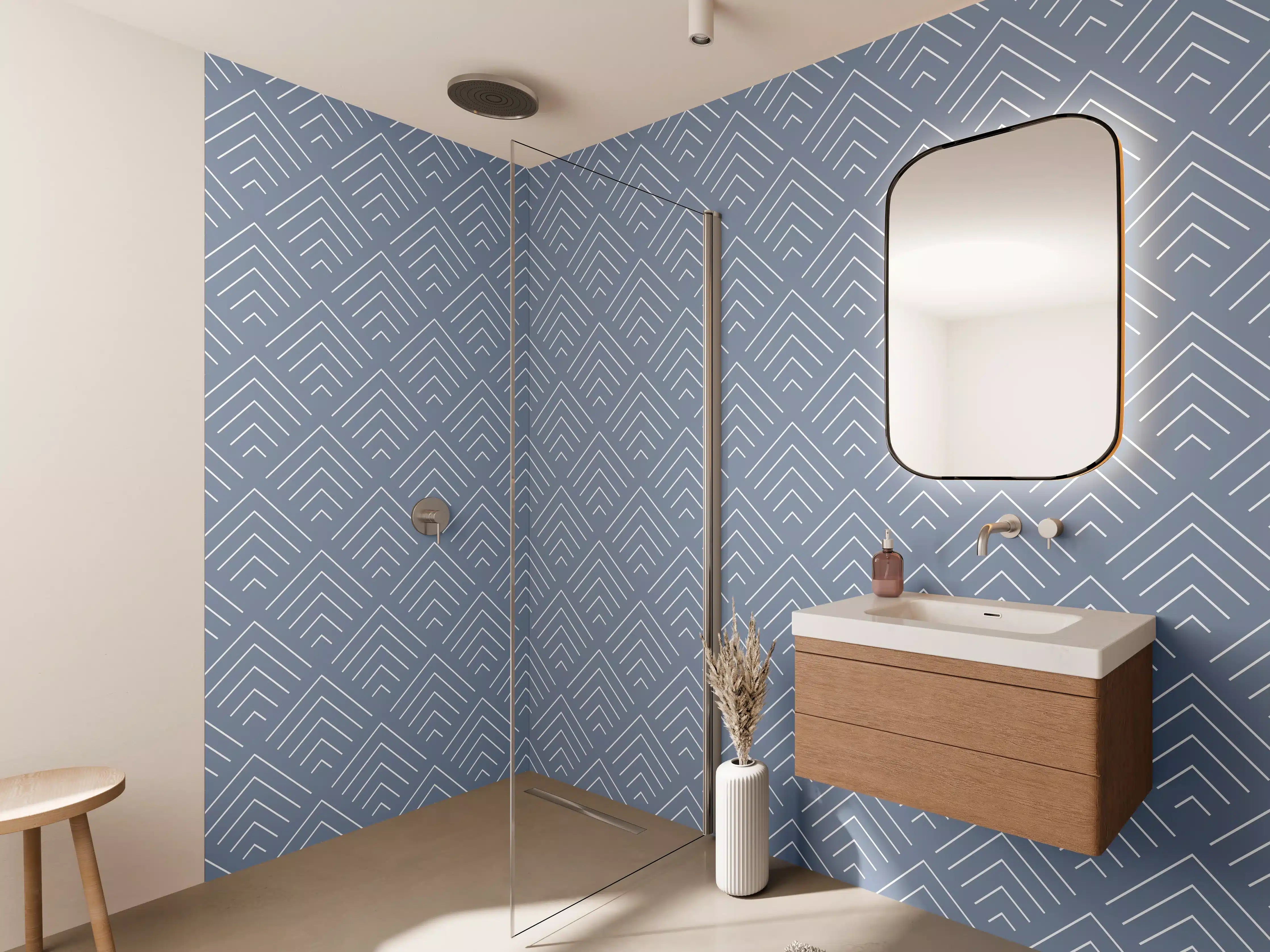 Wandverkleidung Bad - Blauer Mustermix mit geometrischen Linien