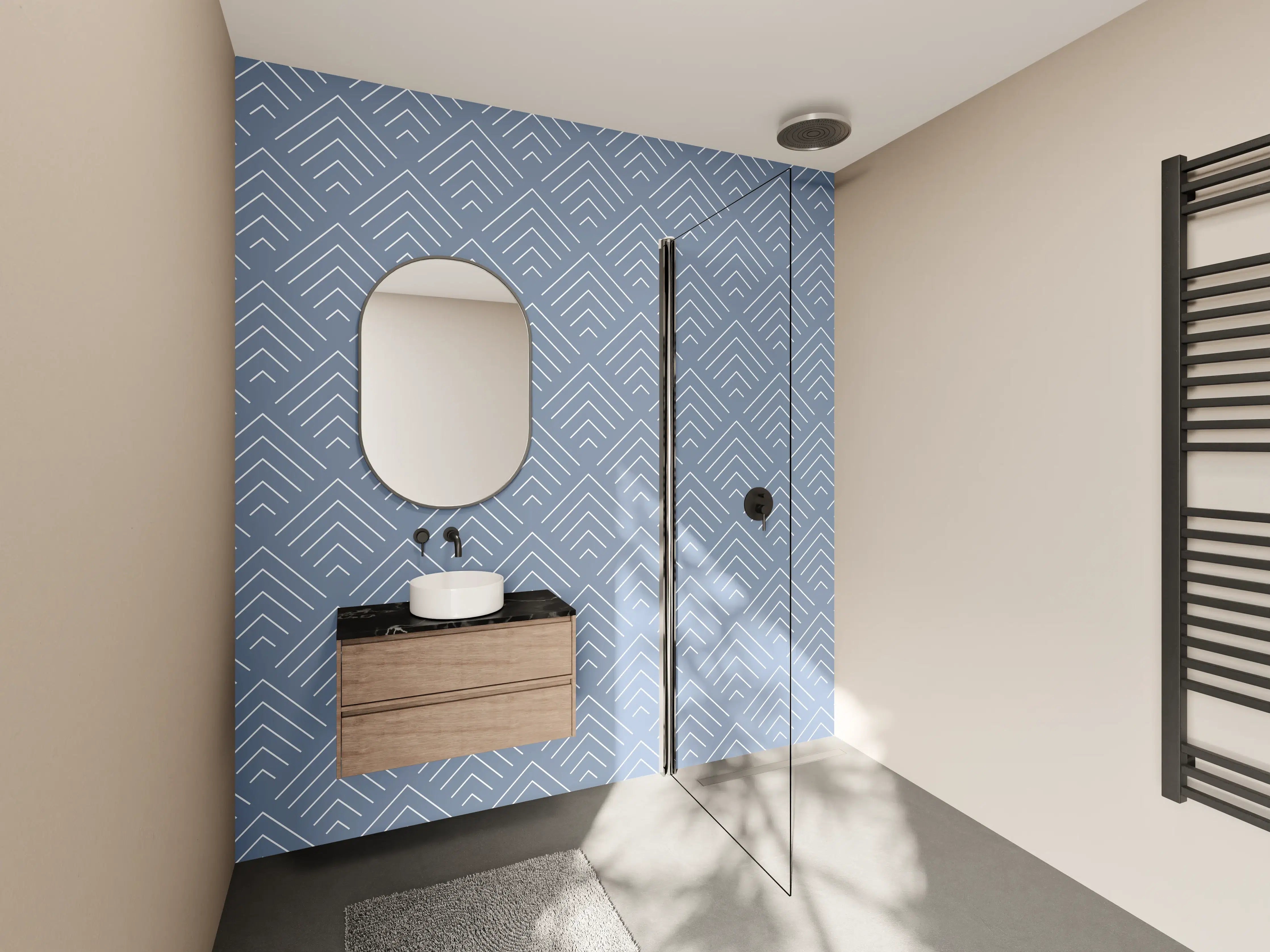 Wandverkleidung Bad - Blauer Mustermix mit geometrischen Linien