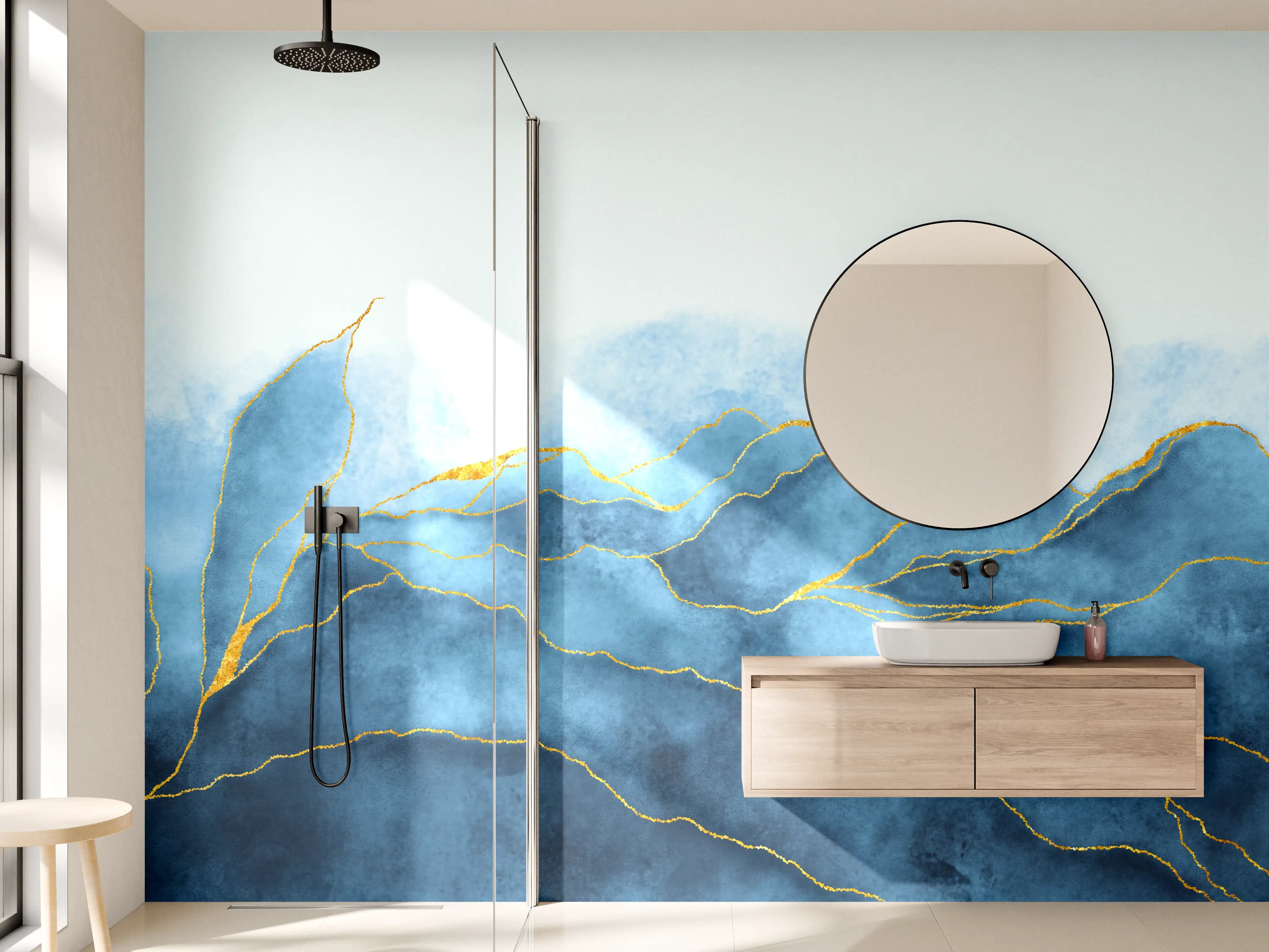 Wandverkleidung Bad - Blaues Aquarell mit Goldelementen
