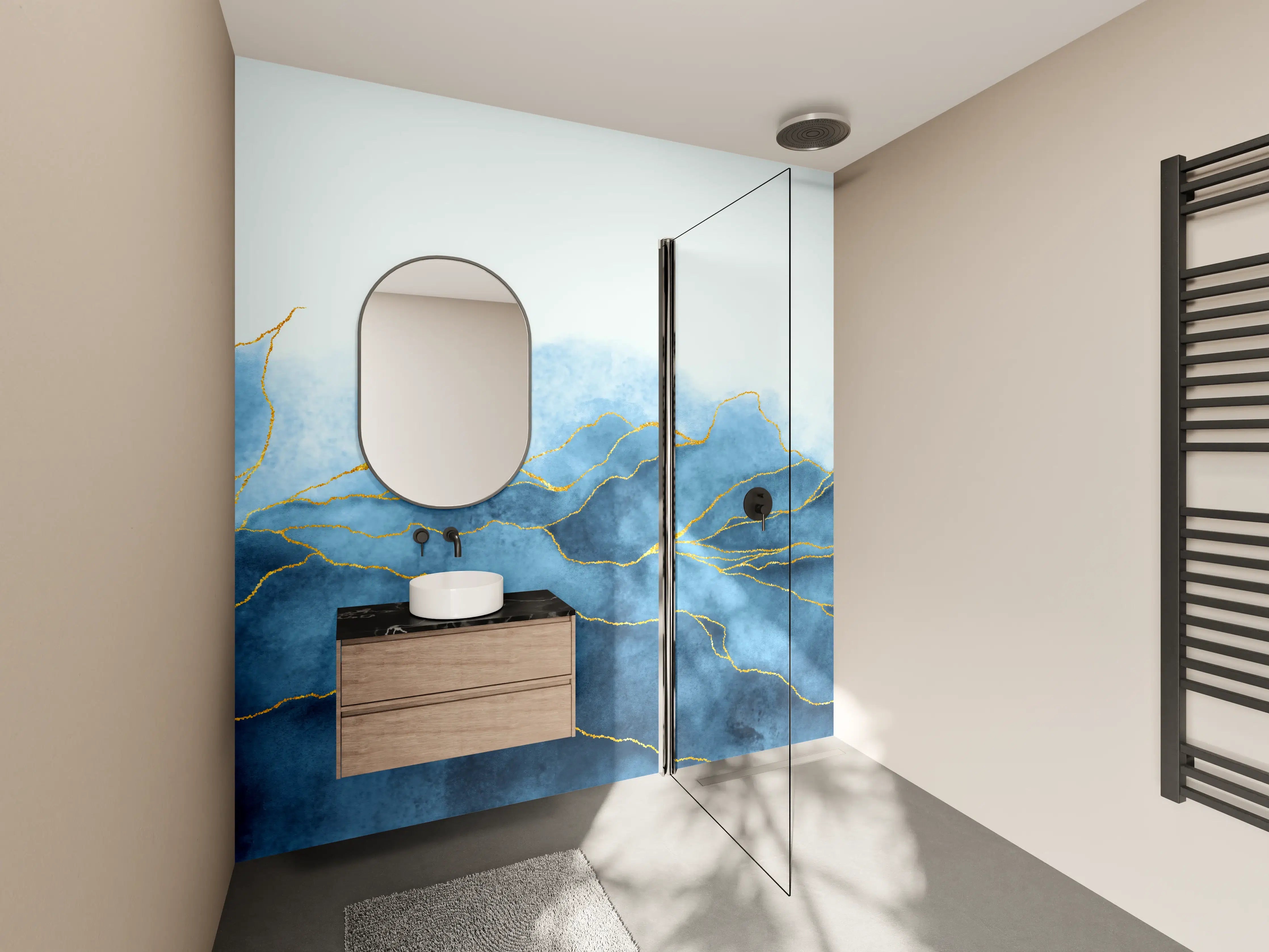 Wandverkleidung Bad - Blaues Aquarell mit Goldelementen