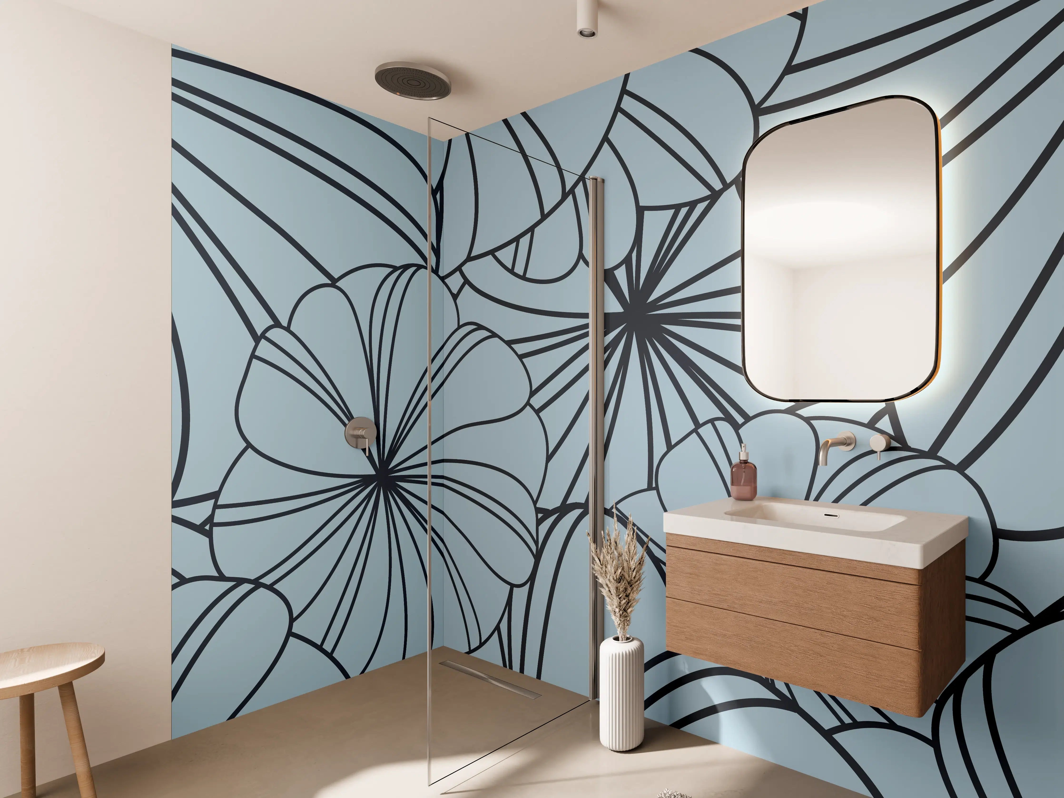 Wandverkleidung Bad - Blaues Blumenmuster Design