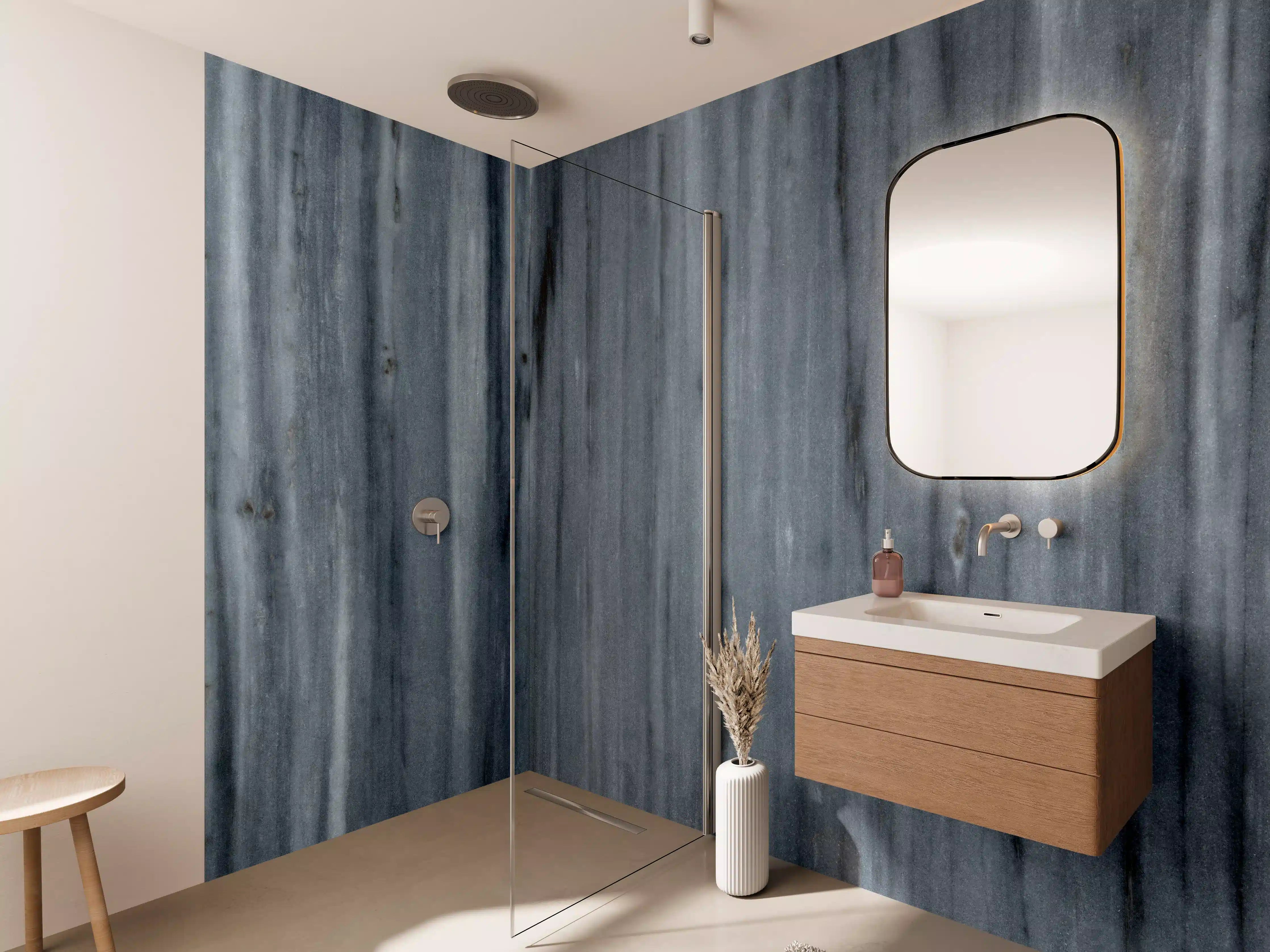 Wandverkleidung Bad - Blaues Holz mit Grauabstufungen