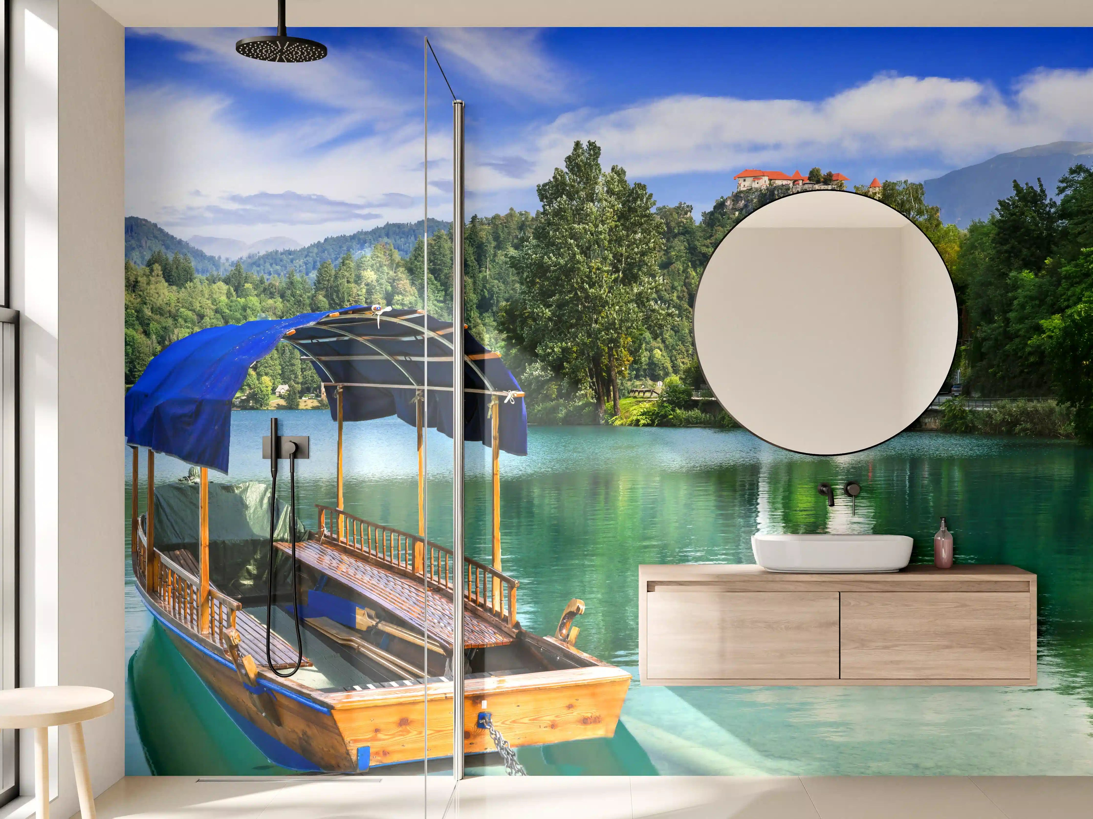 Wandverkleidung Bad - Bled See mit Holzboot