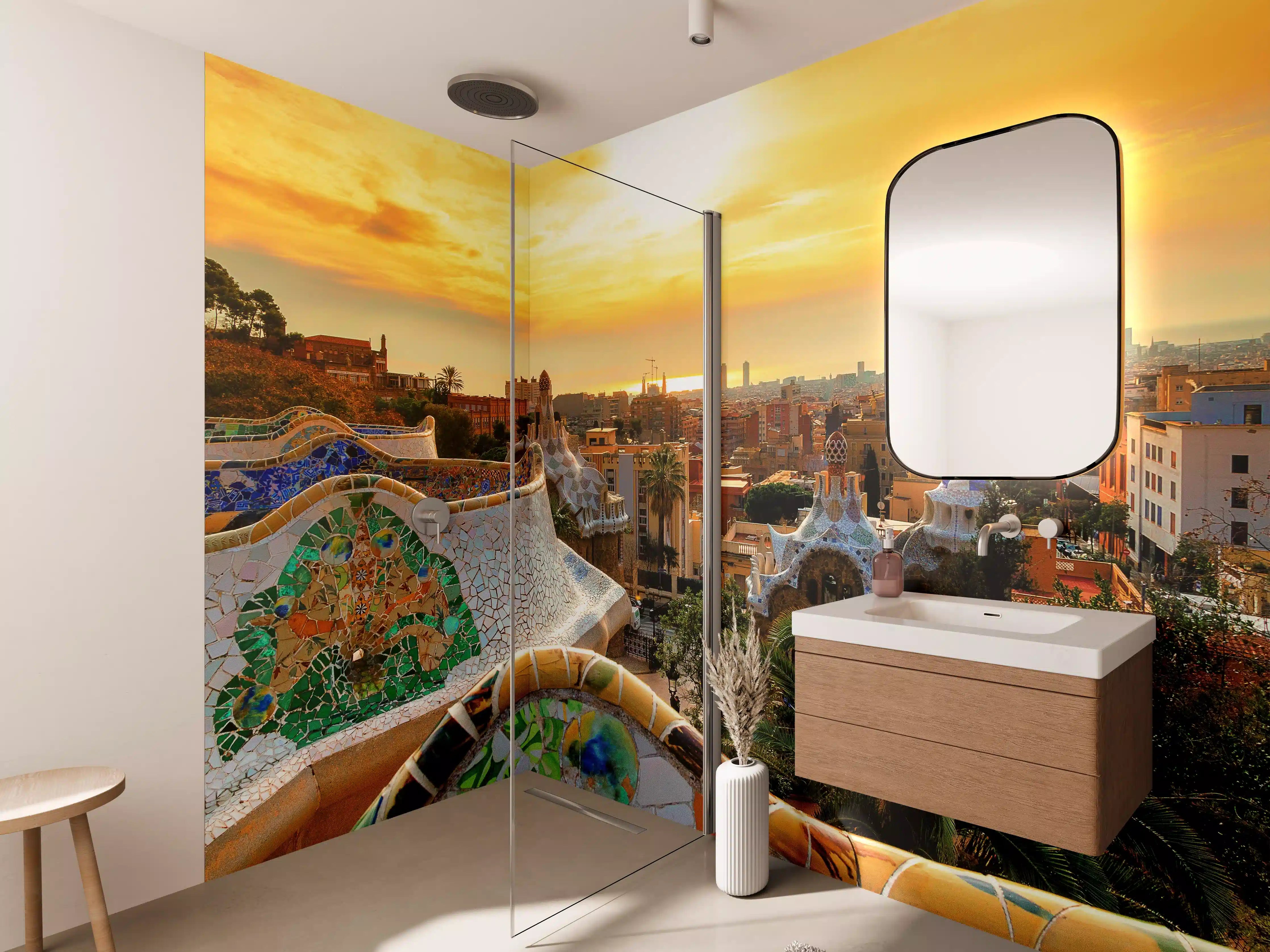 Wandverkleidung Bad - Blick auf Barcelona vom Park Guell