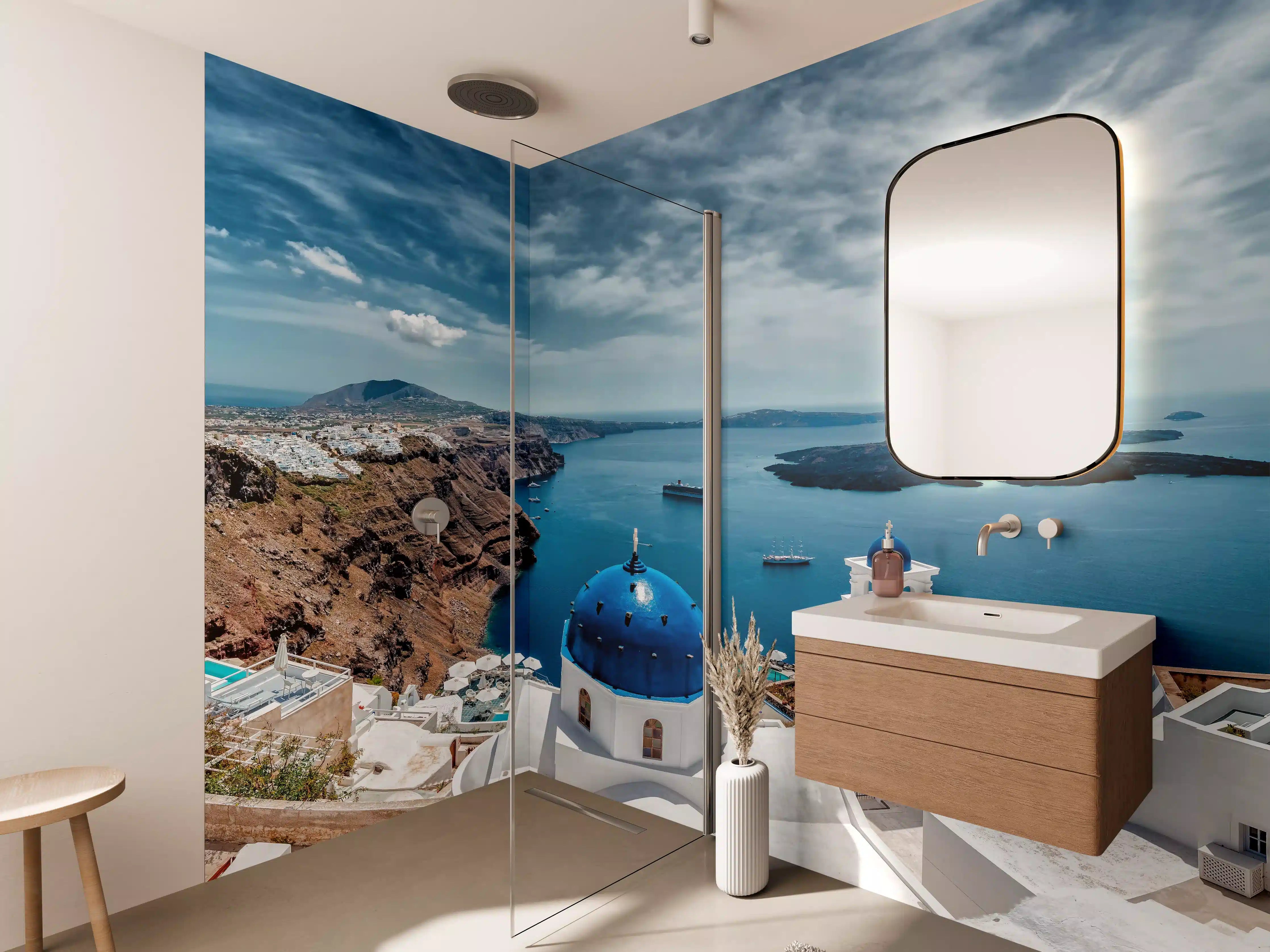 Wandverkleidung Bad - Blick auf Santorini mit blauem Dom und Meer