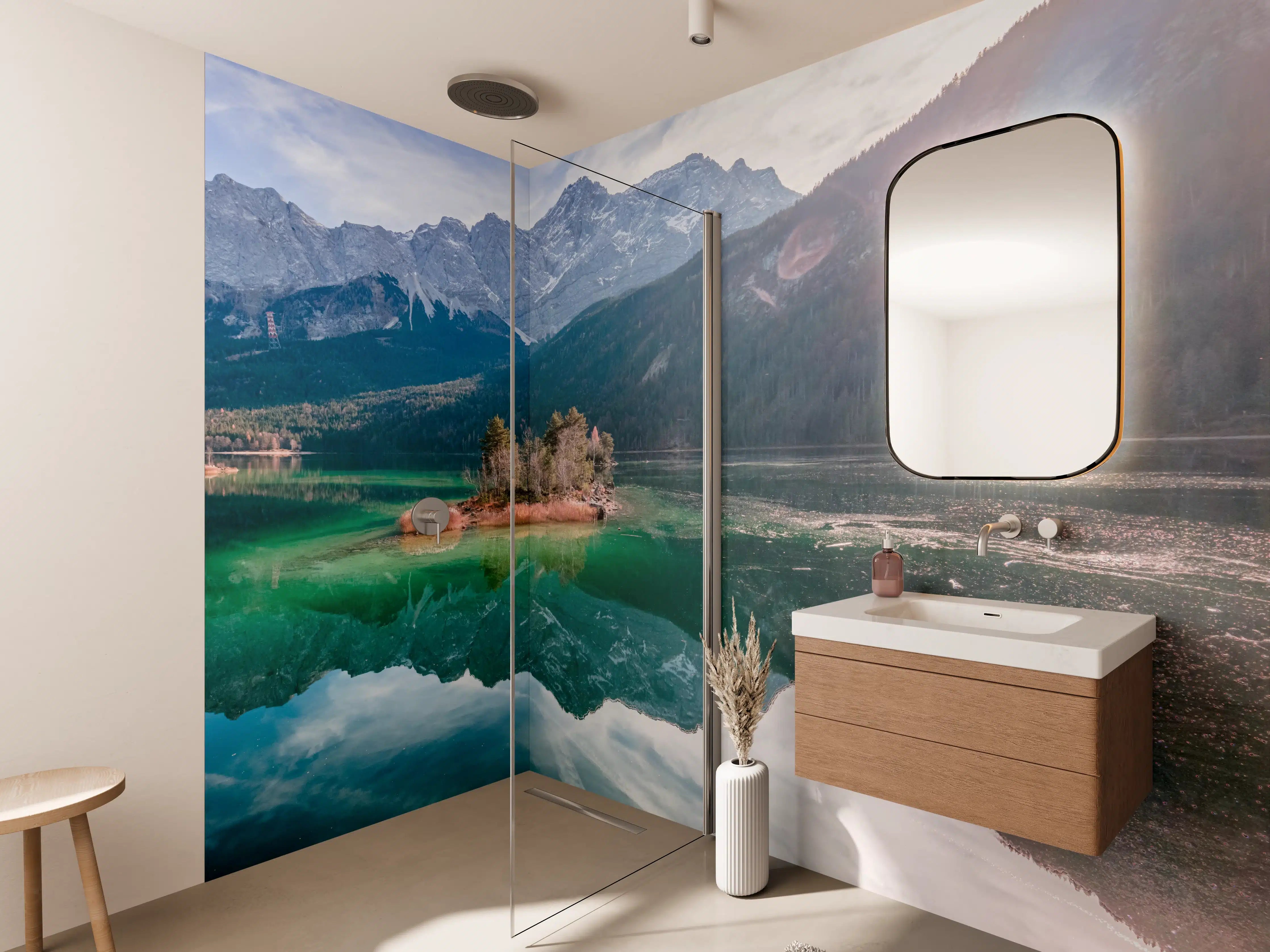 Wandverkleidung Bad - Blick auf den Eibsee mit der Zugspitze im Hintergrund