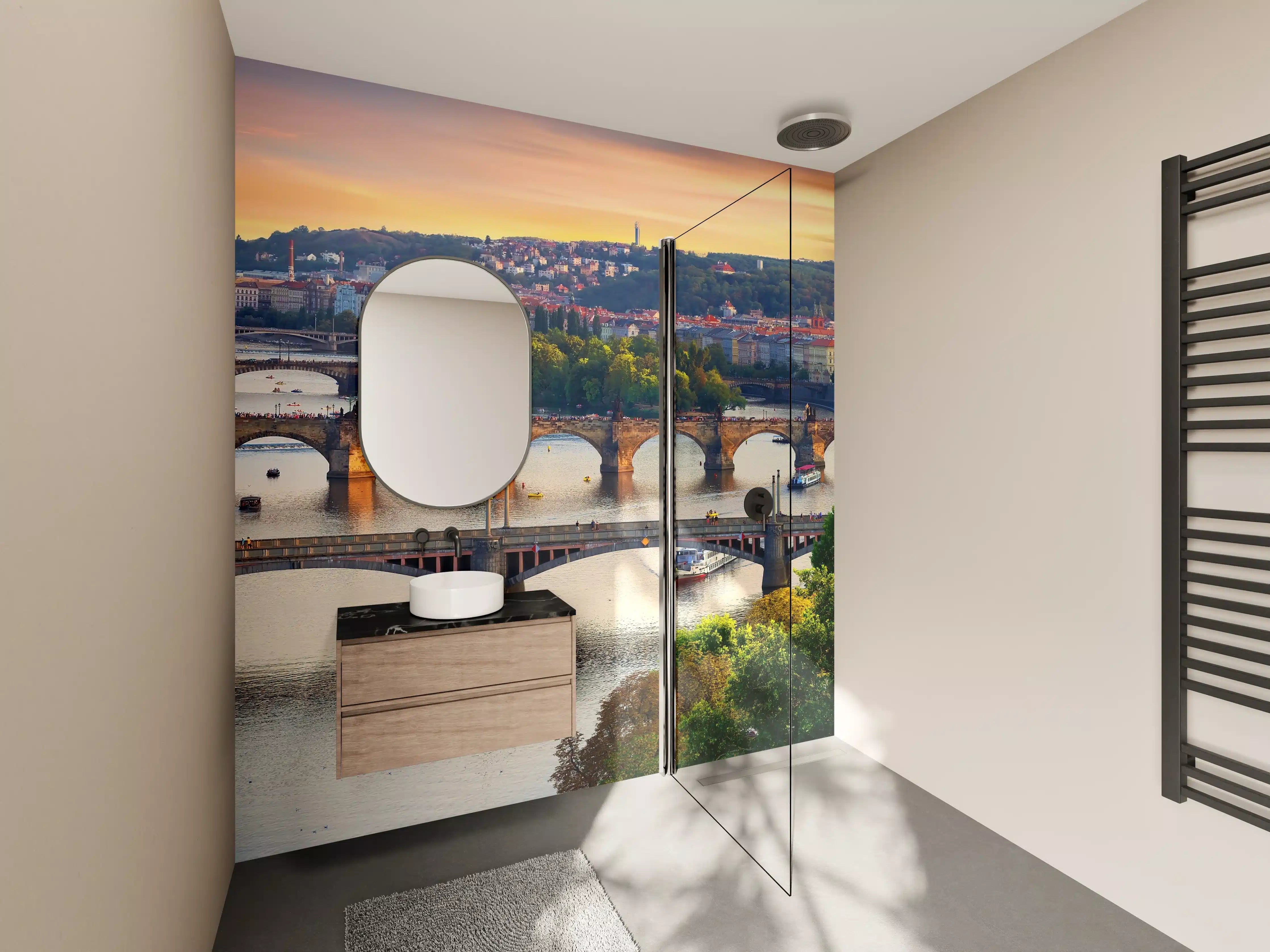 Wandverkleidung Bad - Blick auf die Altstadt und die Brücken bei Sonnenuntergang