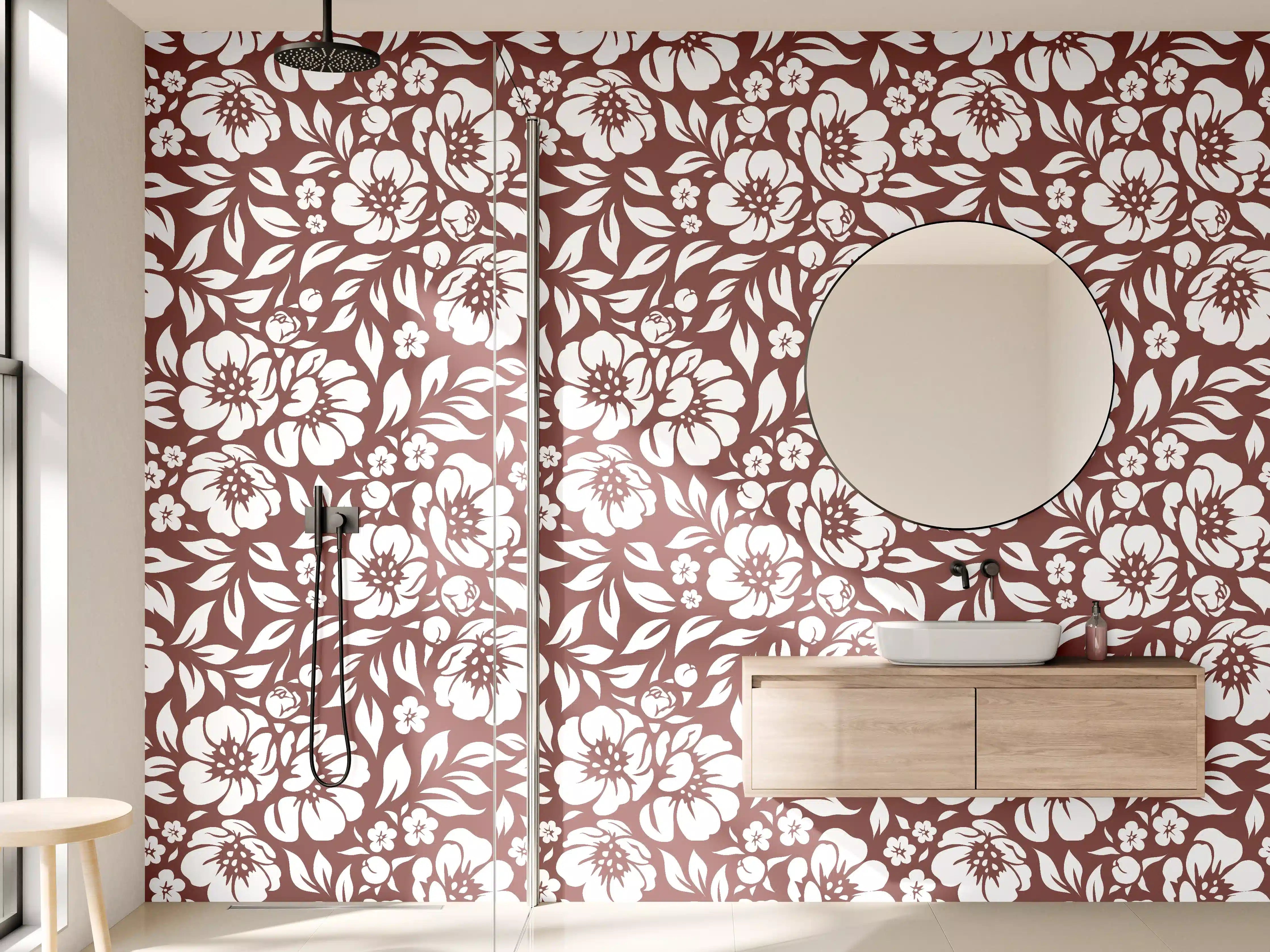 Wandverkleidung Bad - Blühendes Blumenmuster in Weiß auf Braun