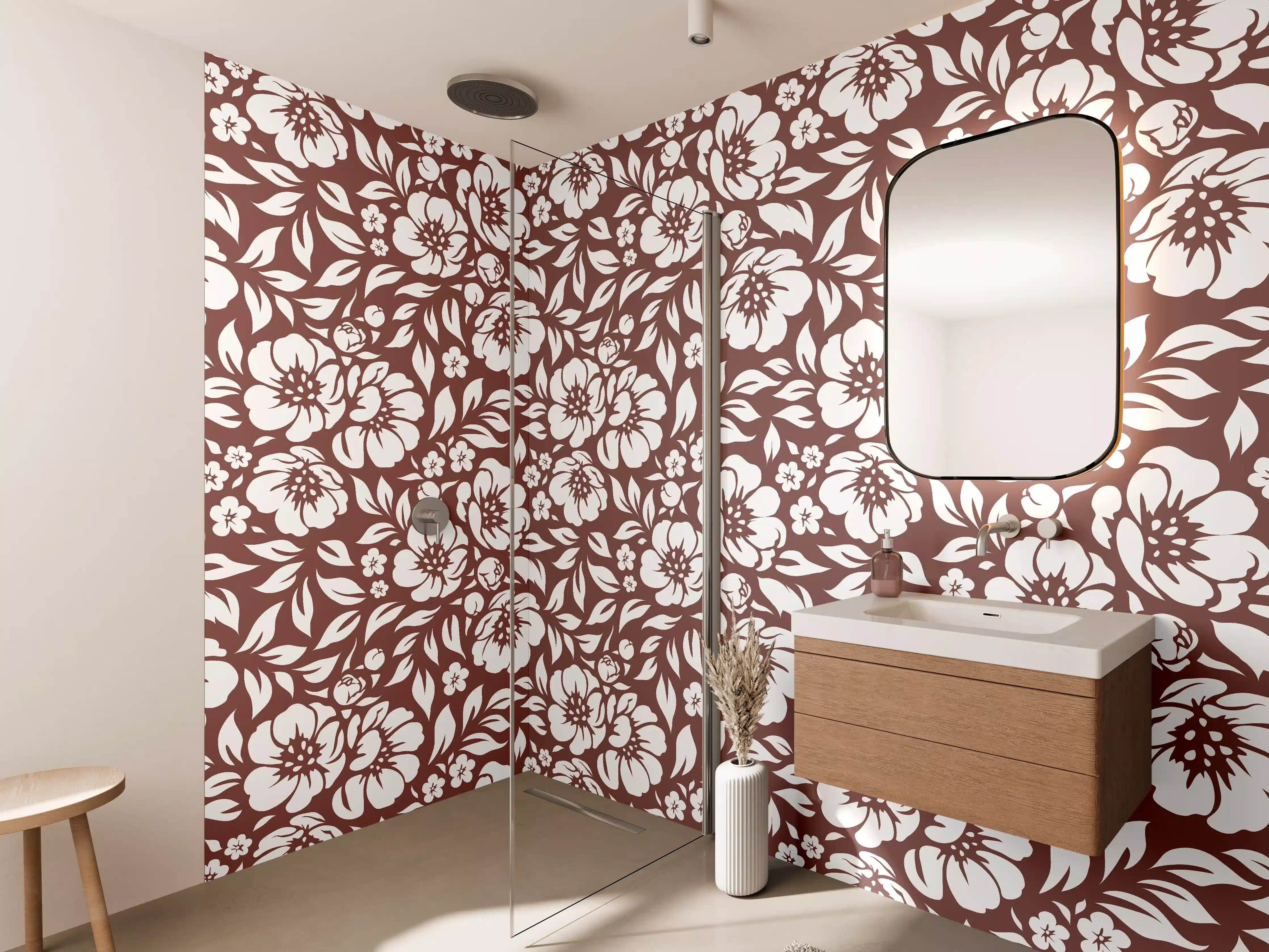 Wandverkleidung Bad - Blühendes Blumenmuster in Weiß auf Braun