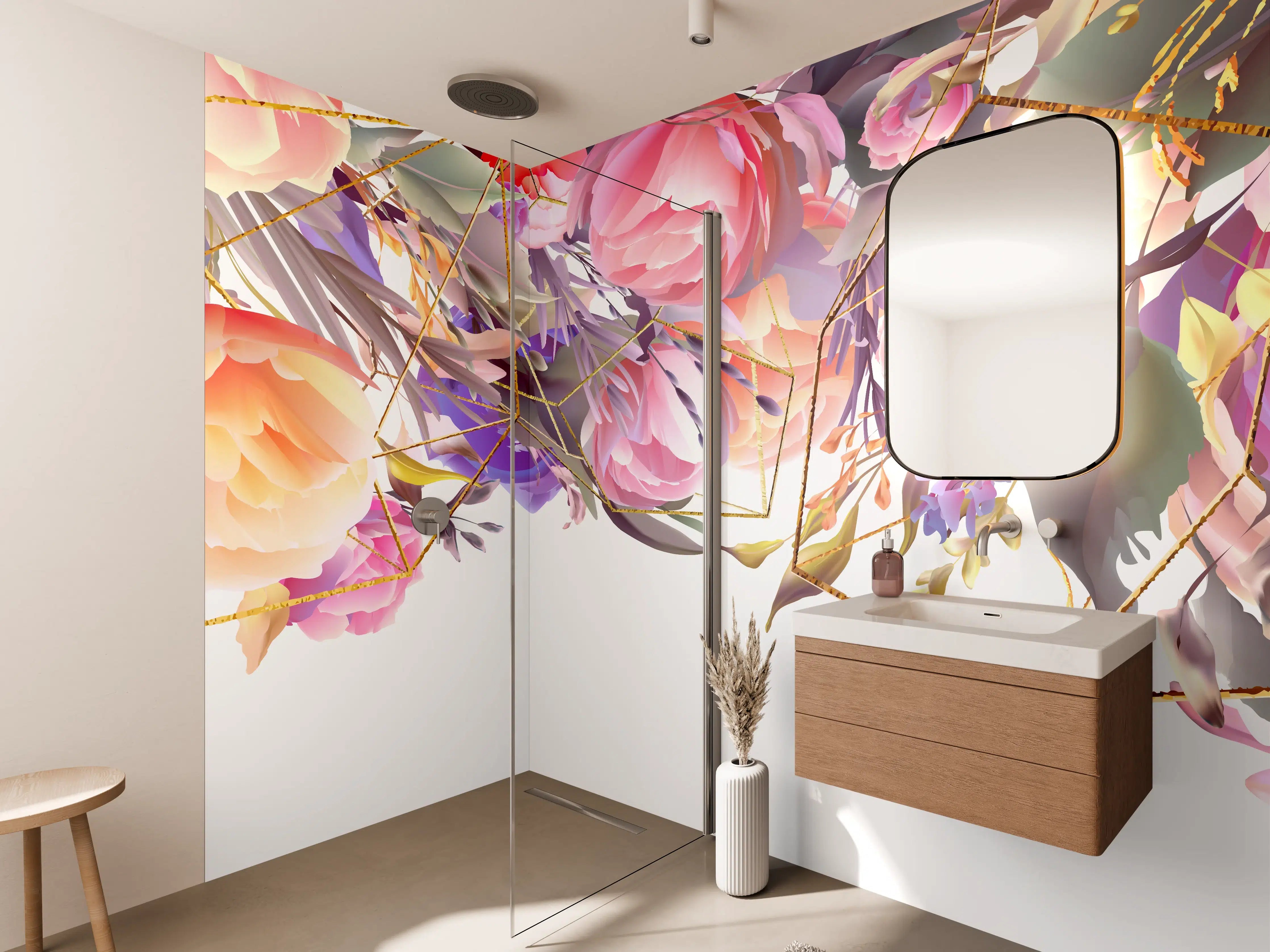 Wandverkleidung Bad - Blumen-Muster Abstrakt Gold