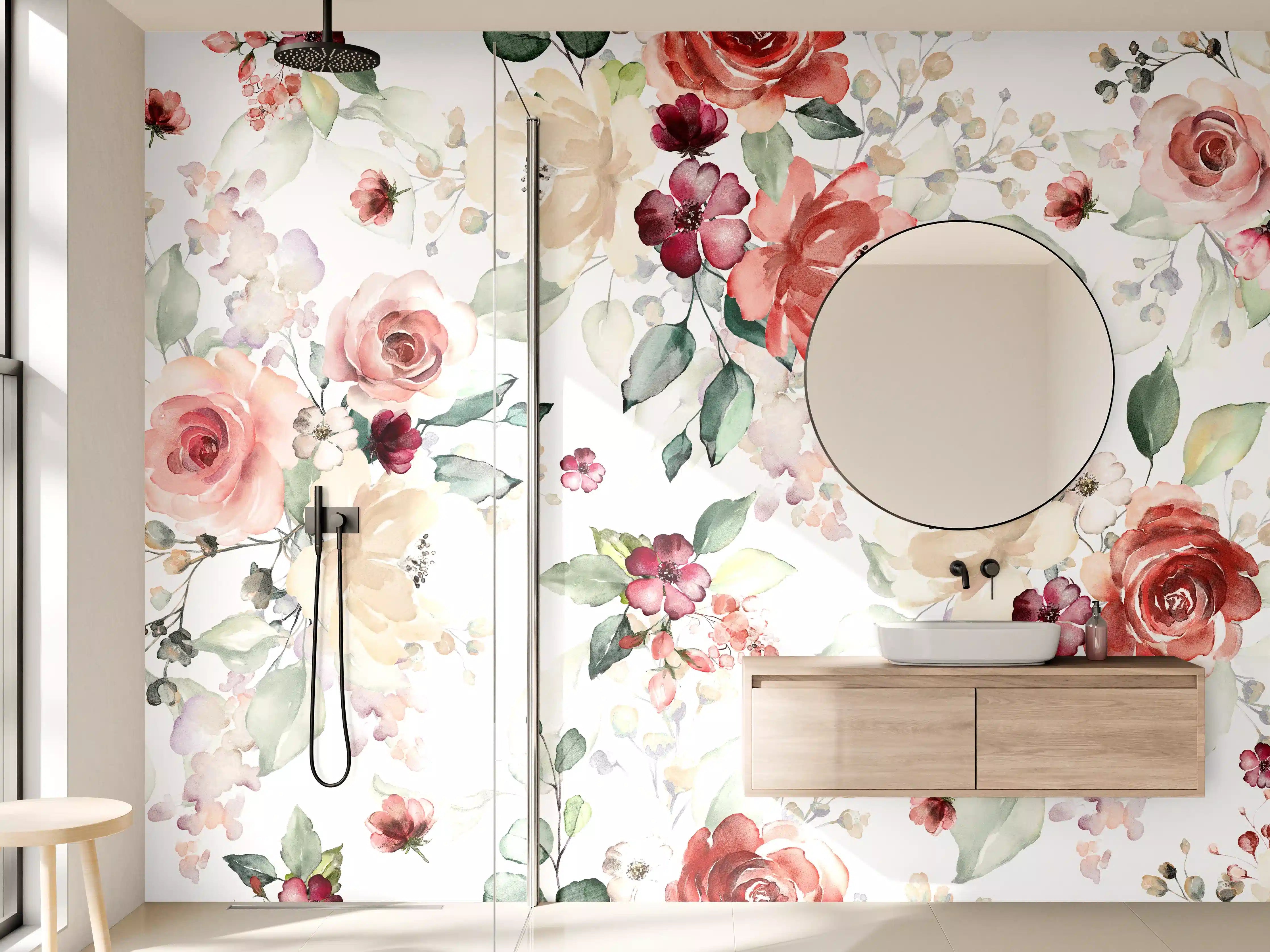 Wandverkleidung Bad - Blumen und Blätter im Tapeten-Stil