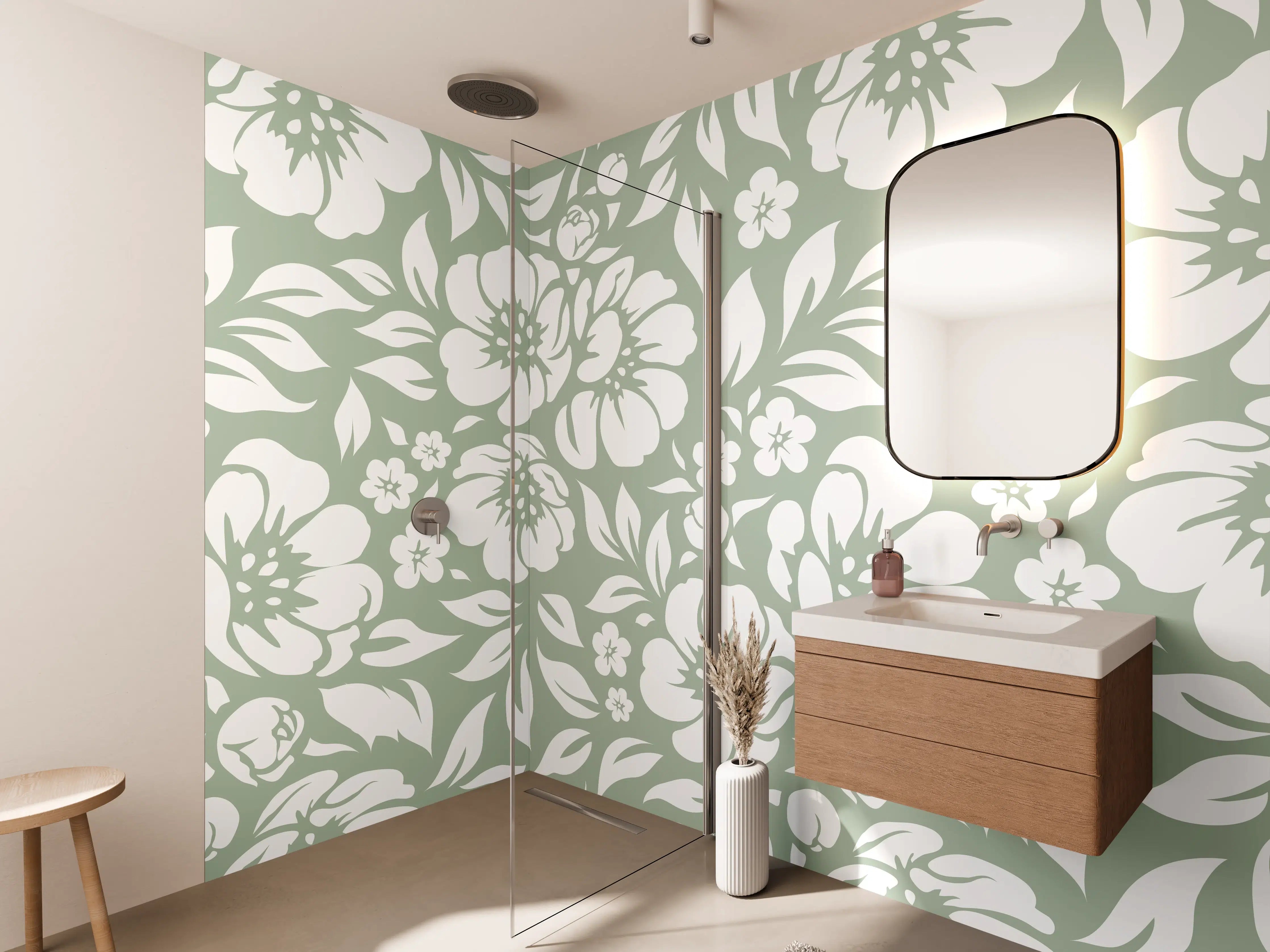 Wandverkleidung Bad - Blumendesign mit Weiß und Grün