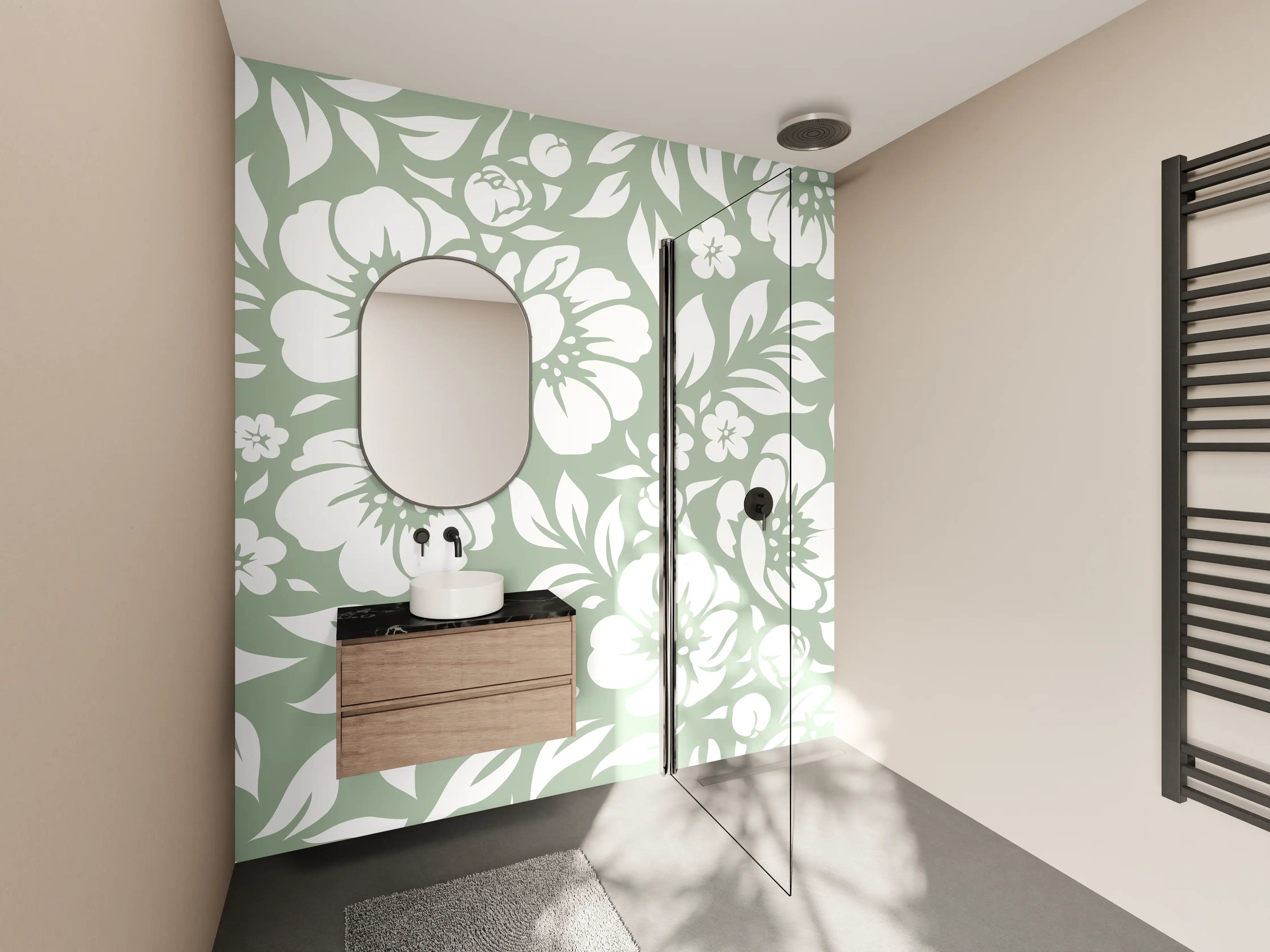 Wandverkleidung Bad - Blumendesign mit Weiß und Grün