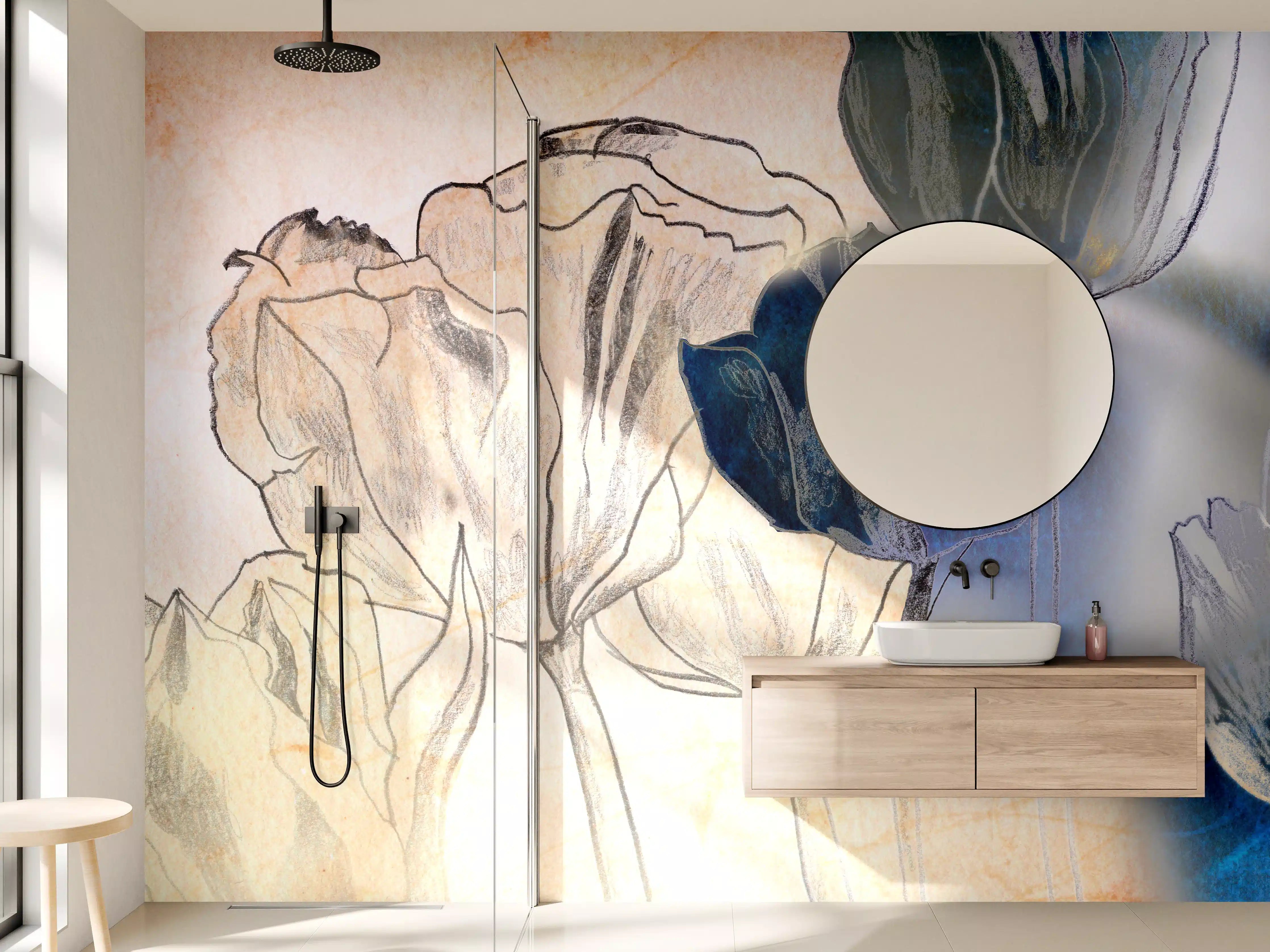 Wandverkleidung Bad - Blumenillustration mit sanften Farben