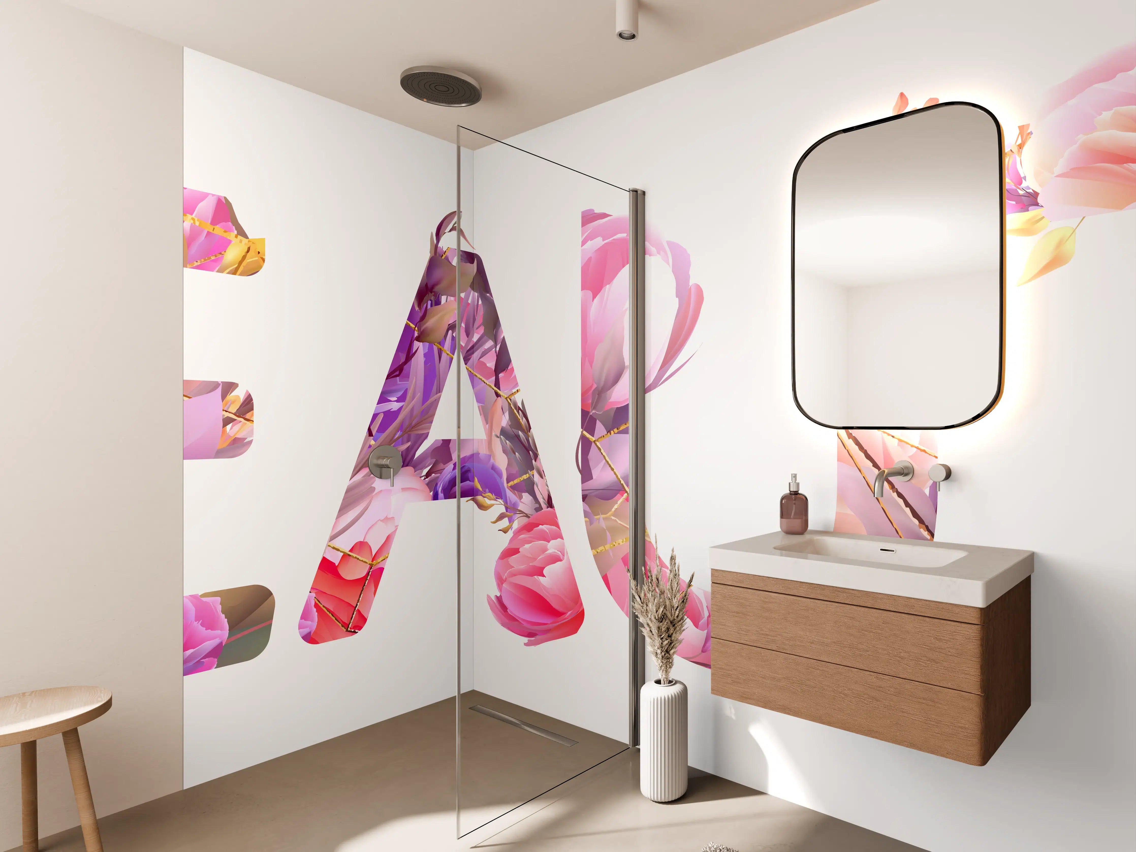 Wandverkleidung Bad - Blumige Beauty-Schrift