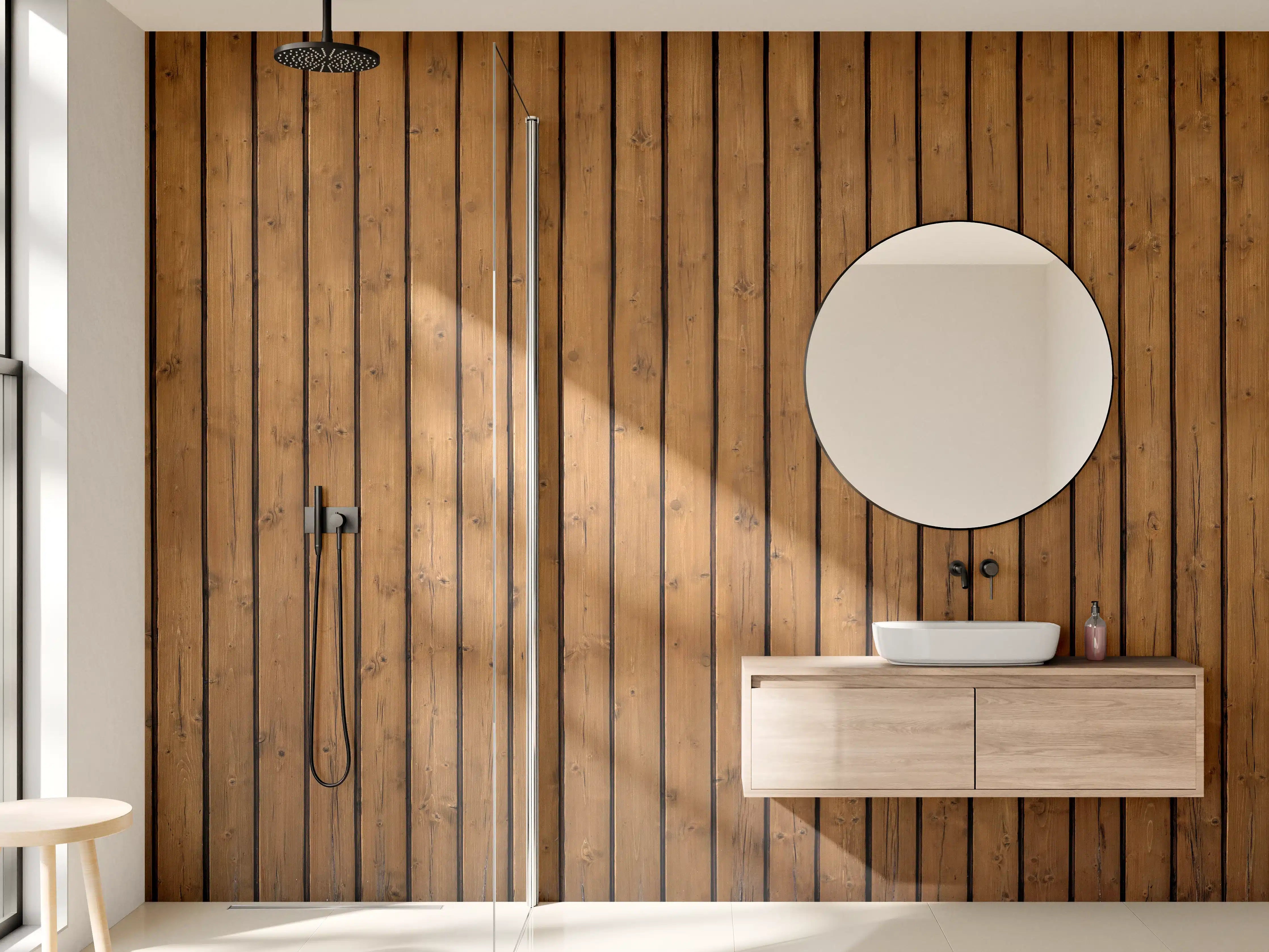 Wandverkleidung Bad - Braune vertikale Holzdielen