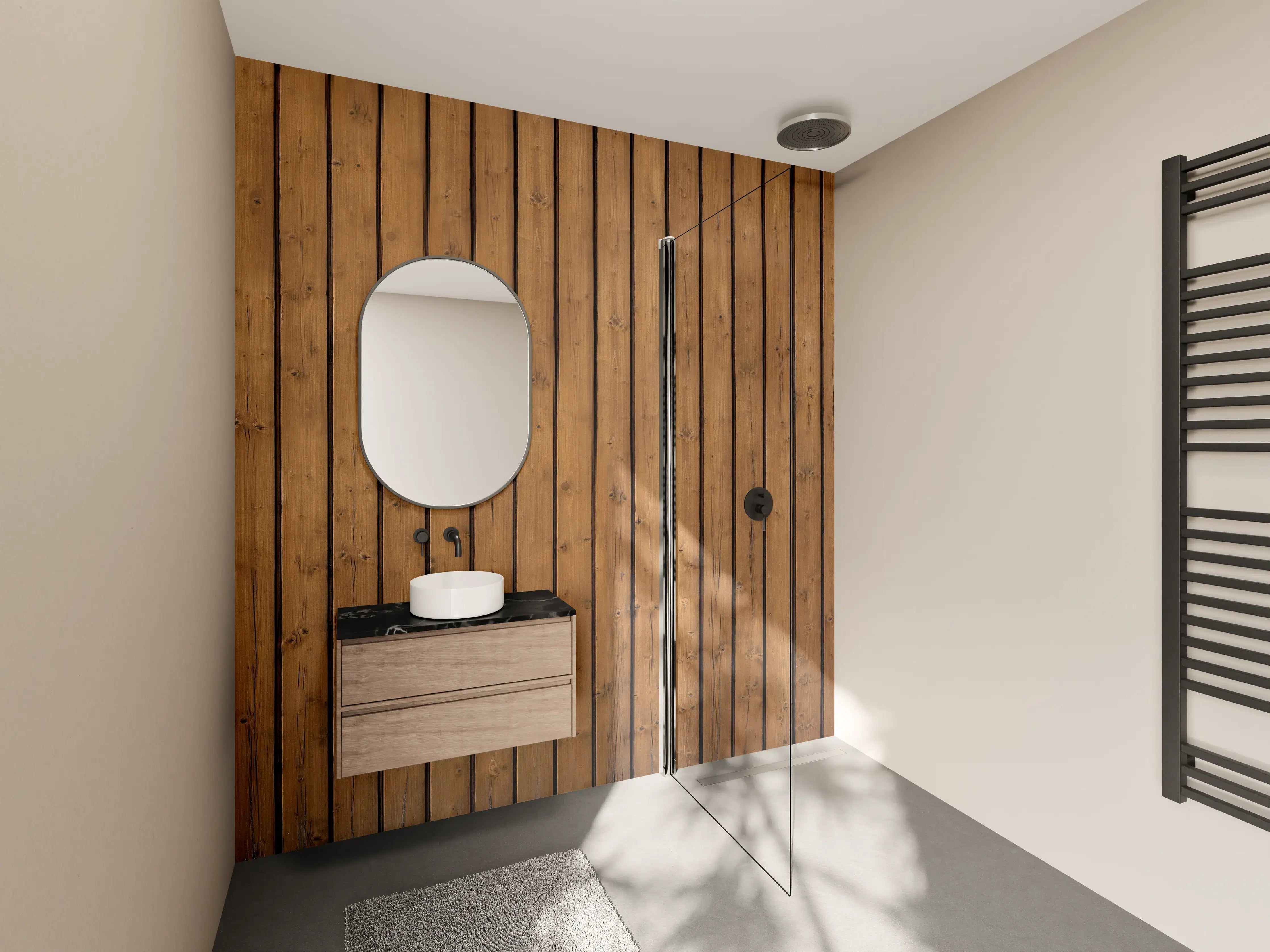 Wandverkleidung Bad - Braune vertikale Holzdielen