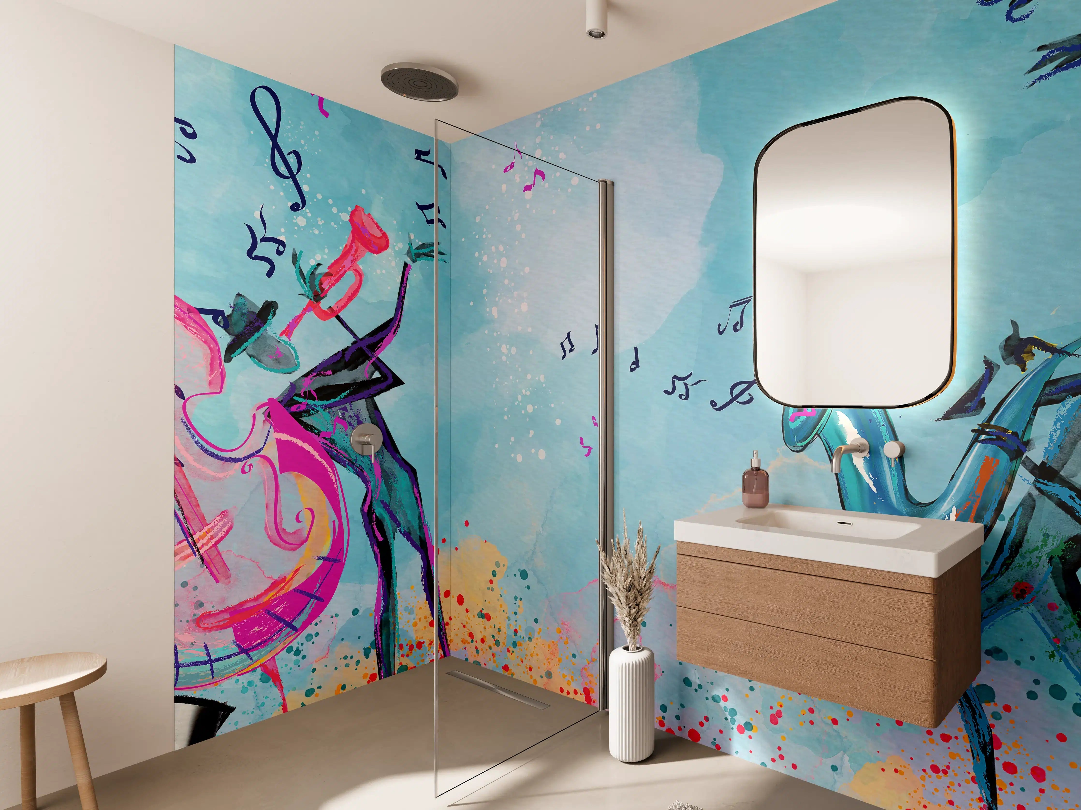 Wandverkleidung Bad - Bunte Aquarell Musikszene