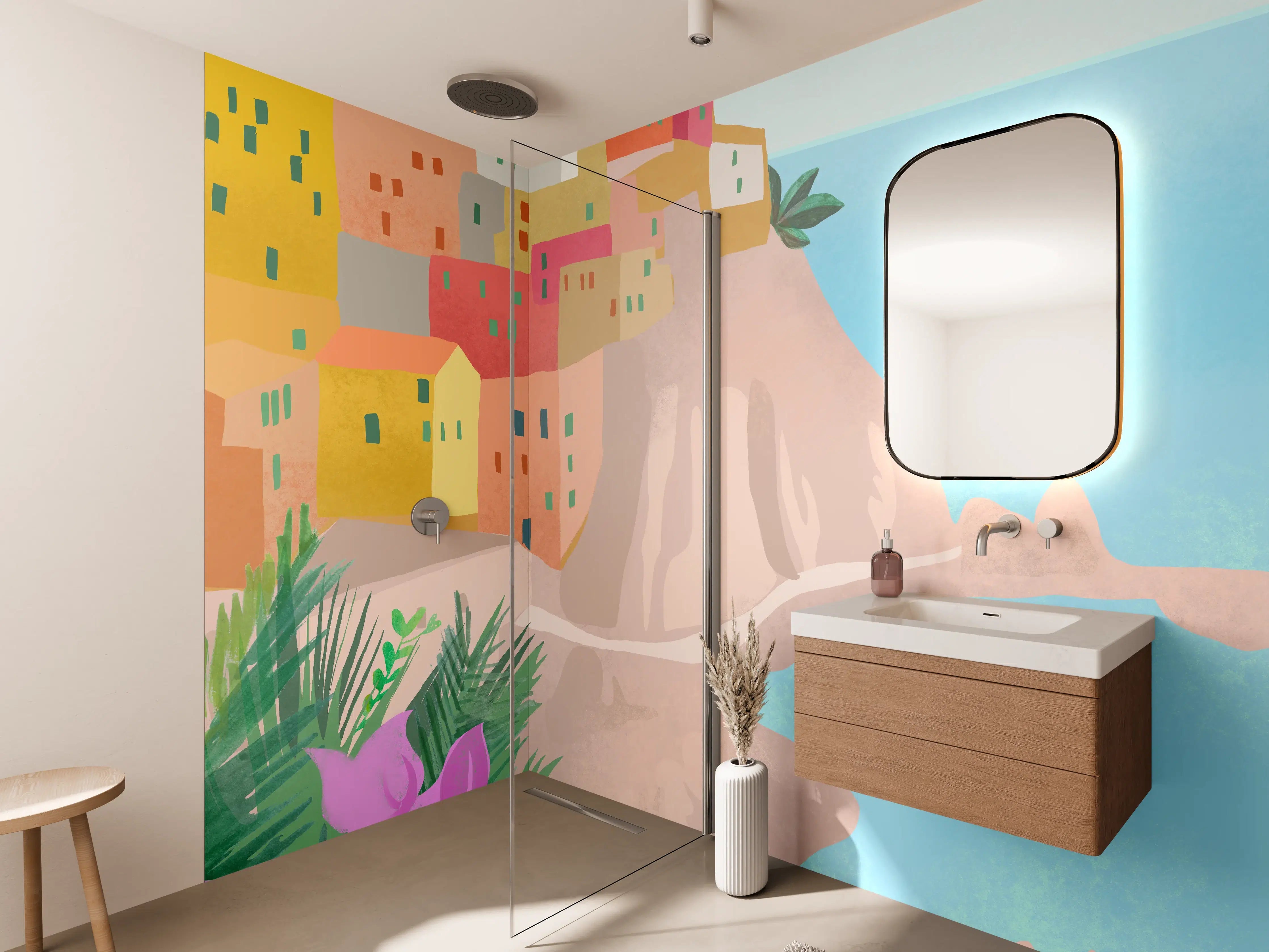 Wandverkleidung Bad - Bunte Cinque Terre Illustration
