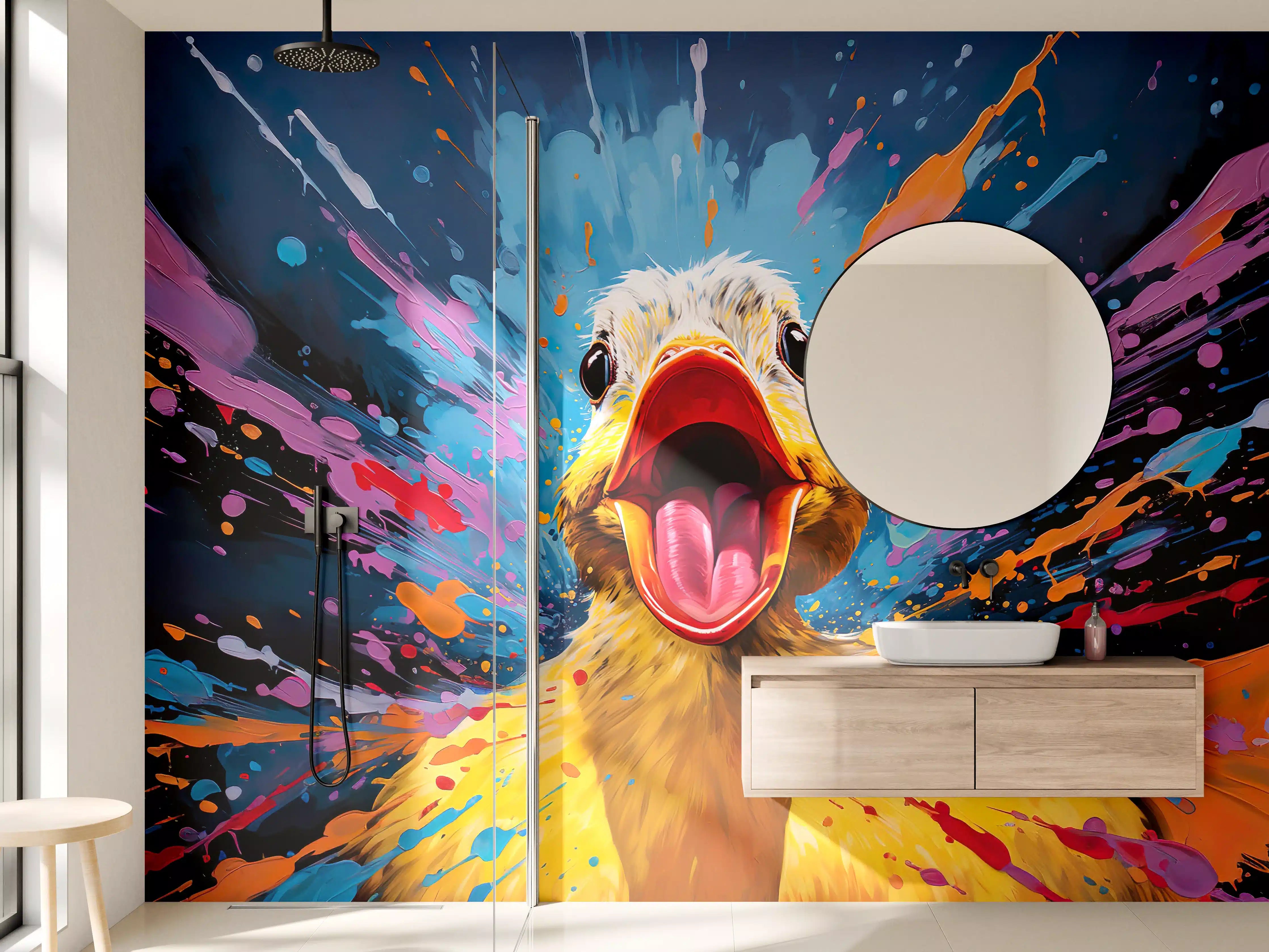 Wandverkleidung Bad - Bunte Enten-Porträt mit Spritz-Effekten
