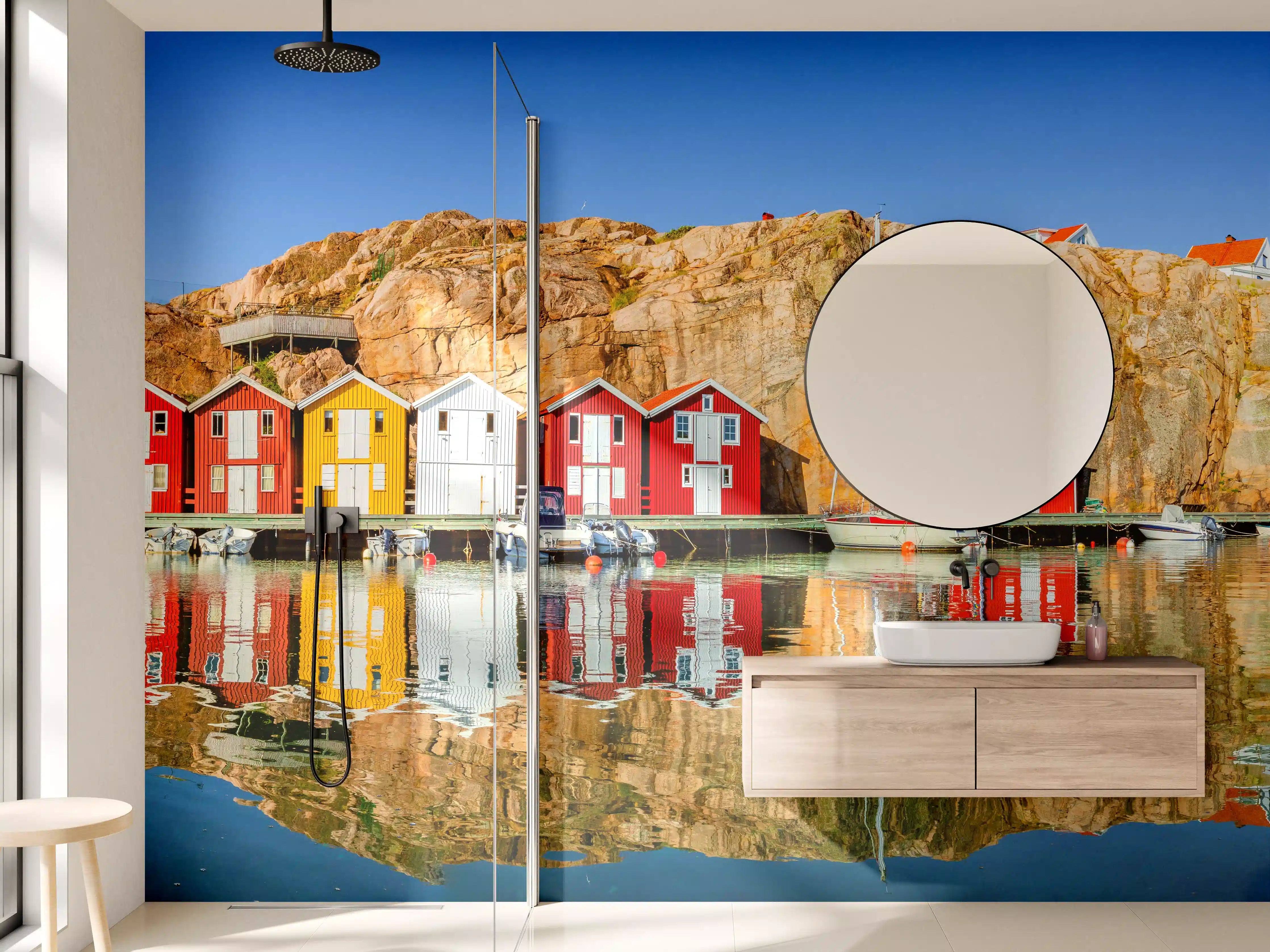 Wandverkleidung Bad - Bunte Fischerhäuser in Schweden