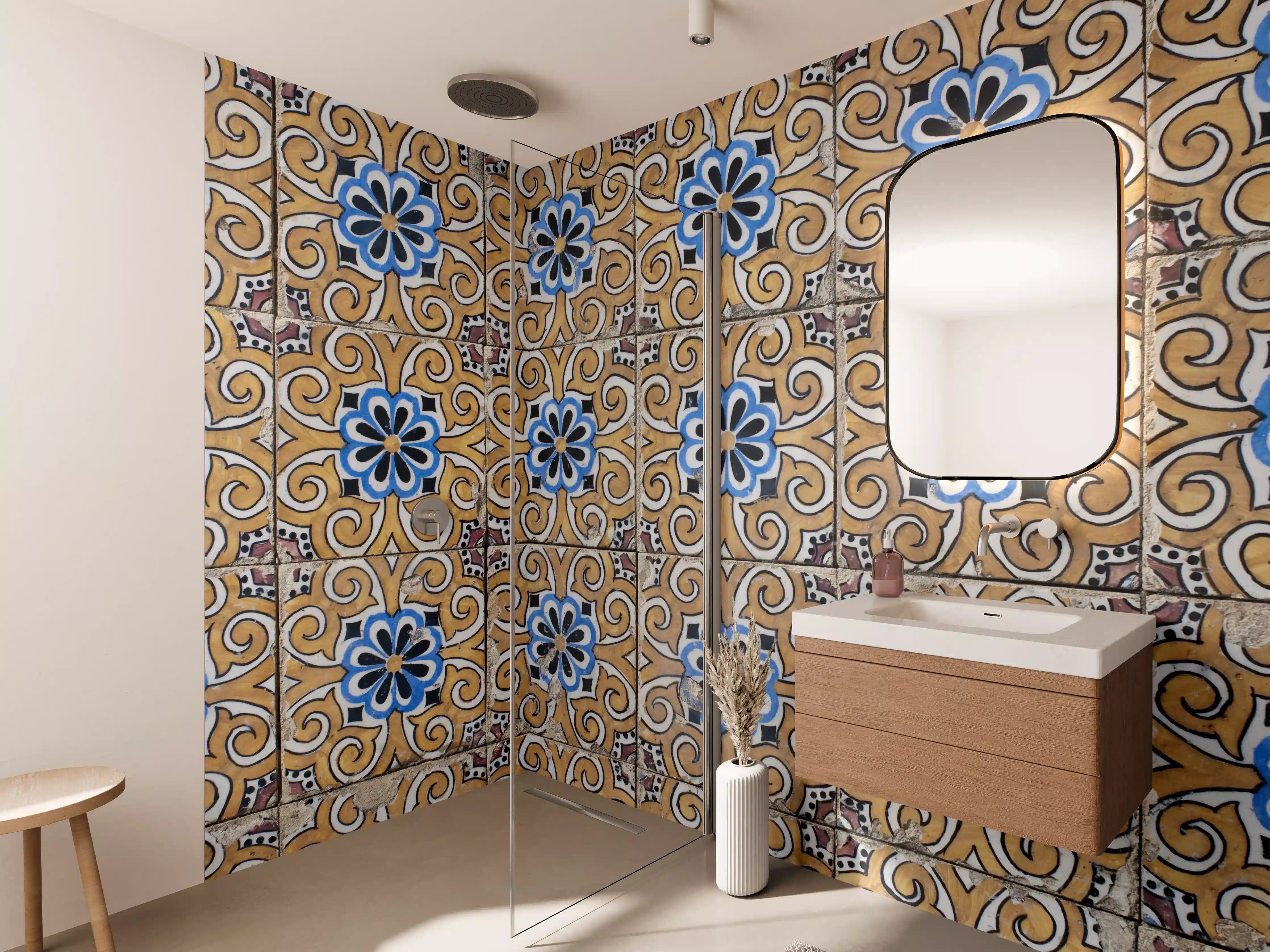 Wandverkleidung Bad - Bunte Fliesen mit blauer Blume