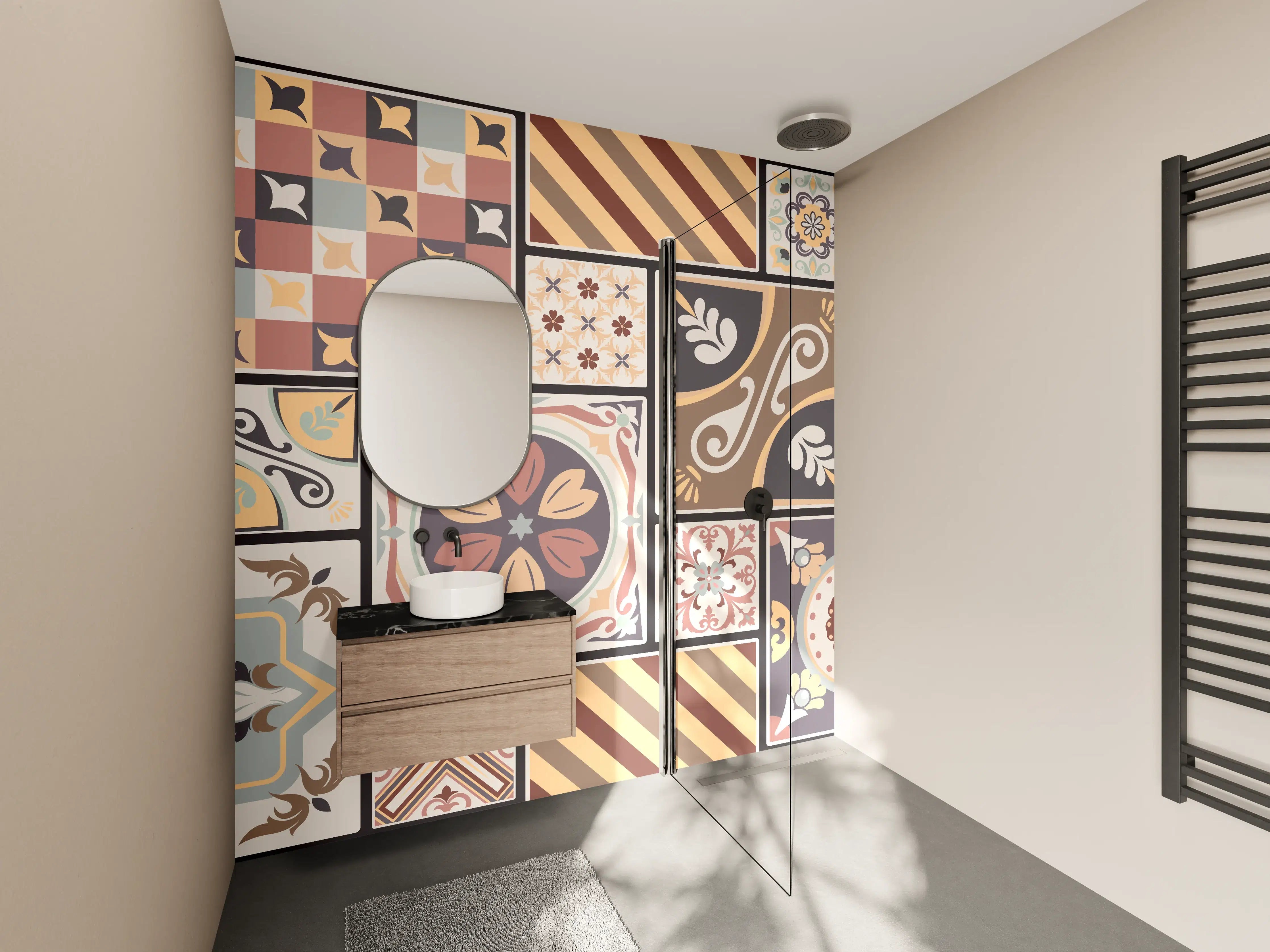 Wandverkleidung Bad - Bunte Fliesenmuster in Retro-Optik