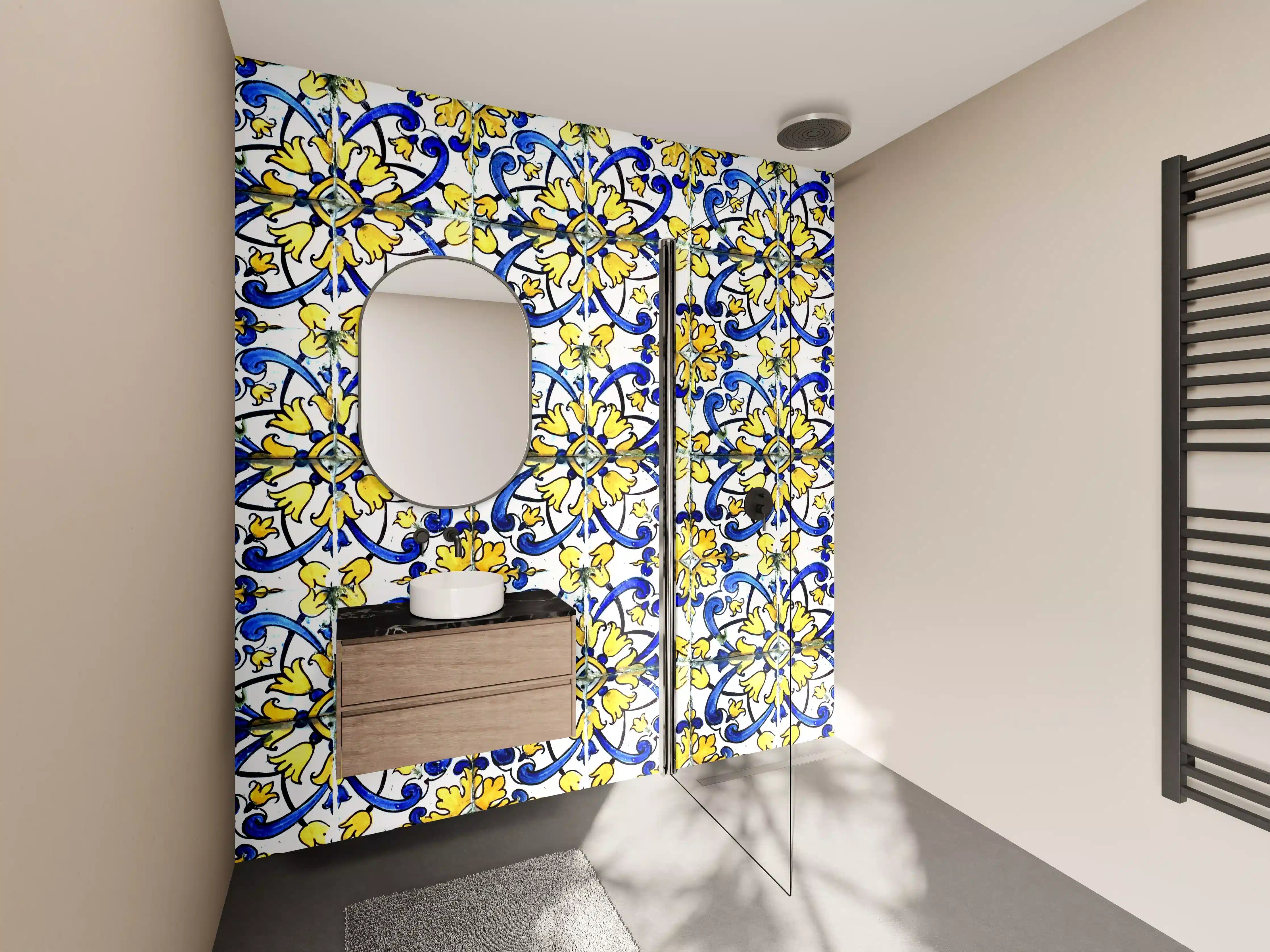 Wandverkleidung Bad - Bunte Fliesenmuster mit Blau und Gelb