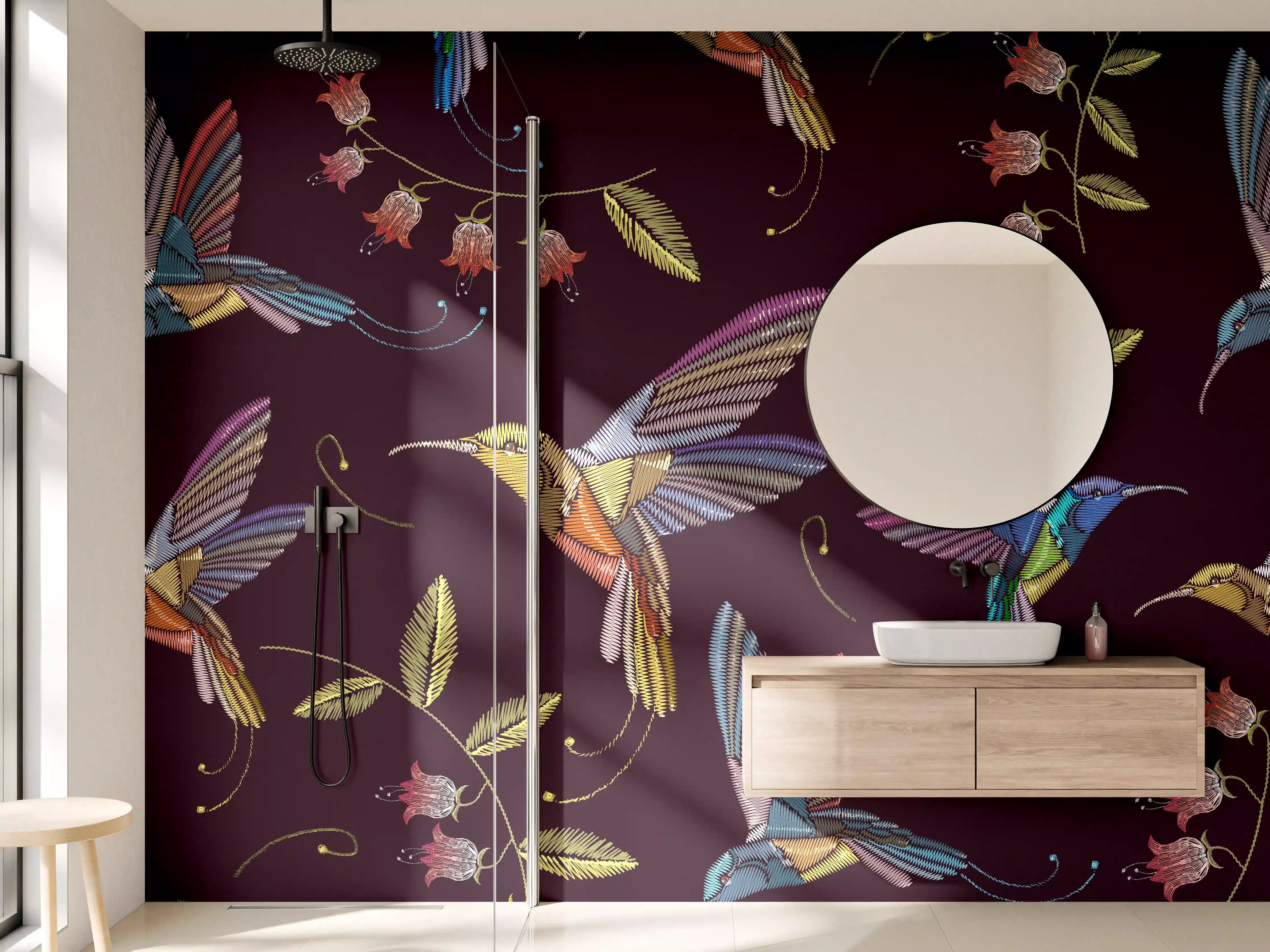 Wandverkleidung Bad - Bunte Kolibri-Stickerei-Muster