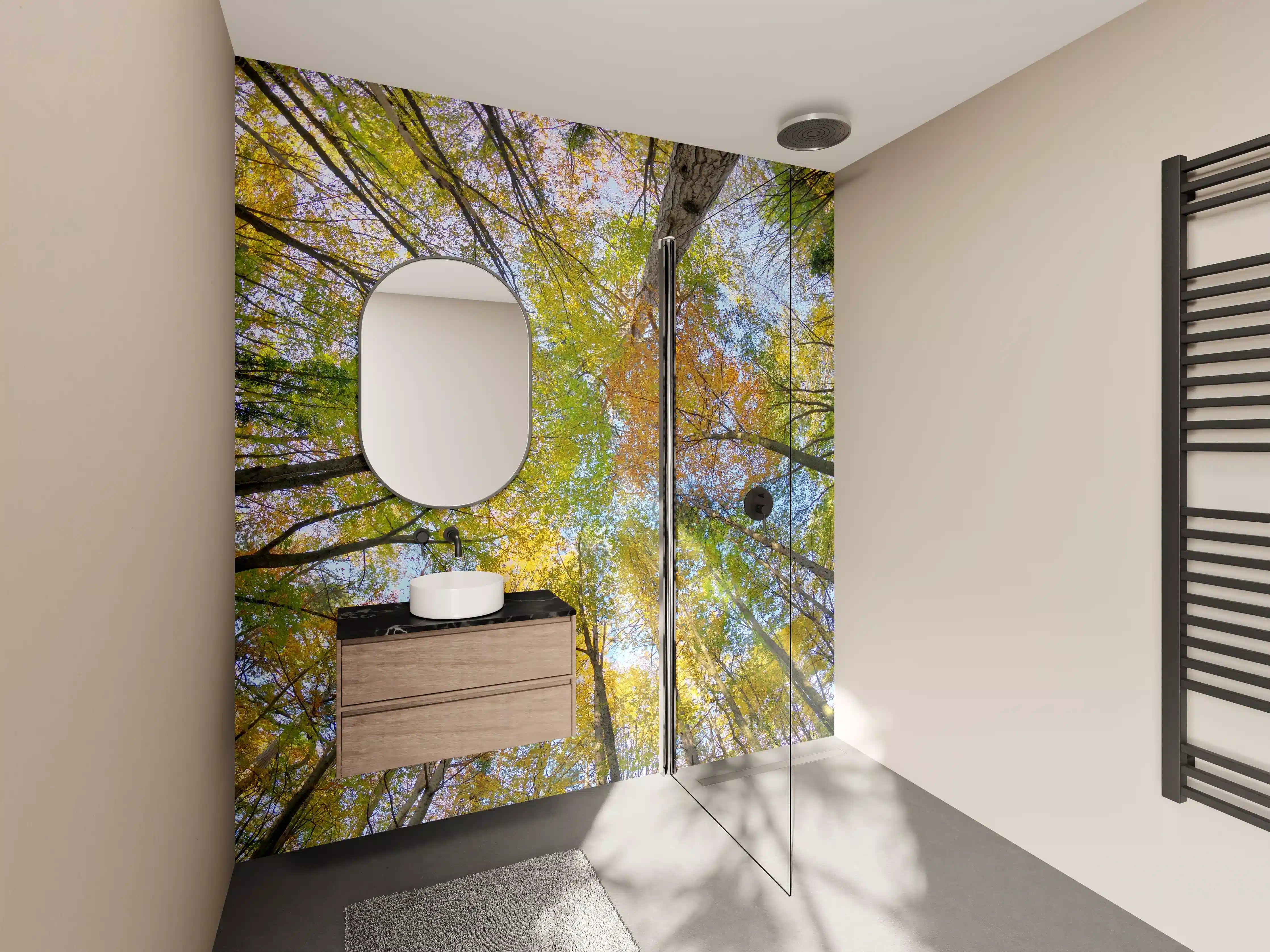 Wandverkleidung Bad - Bunte Laubbäume im Herbst, Blick nach oben