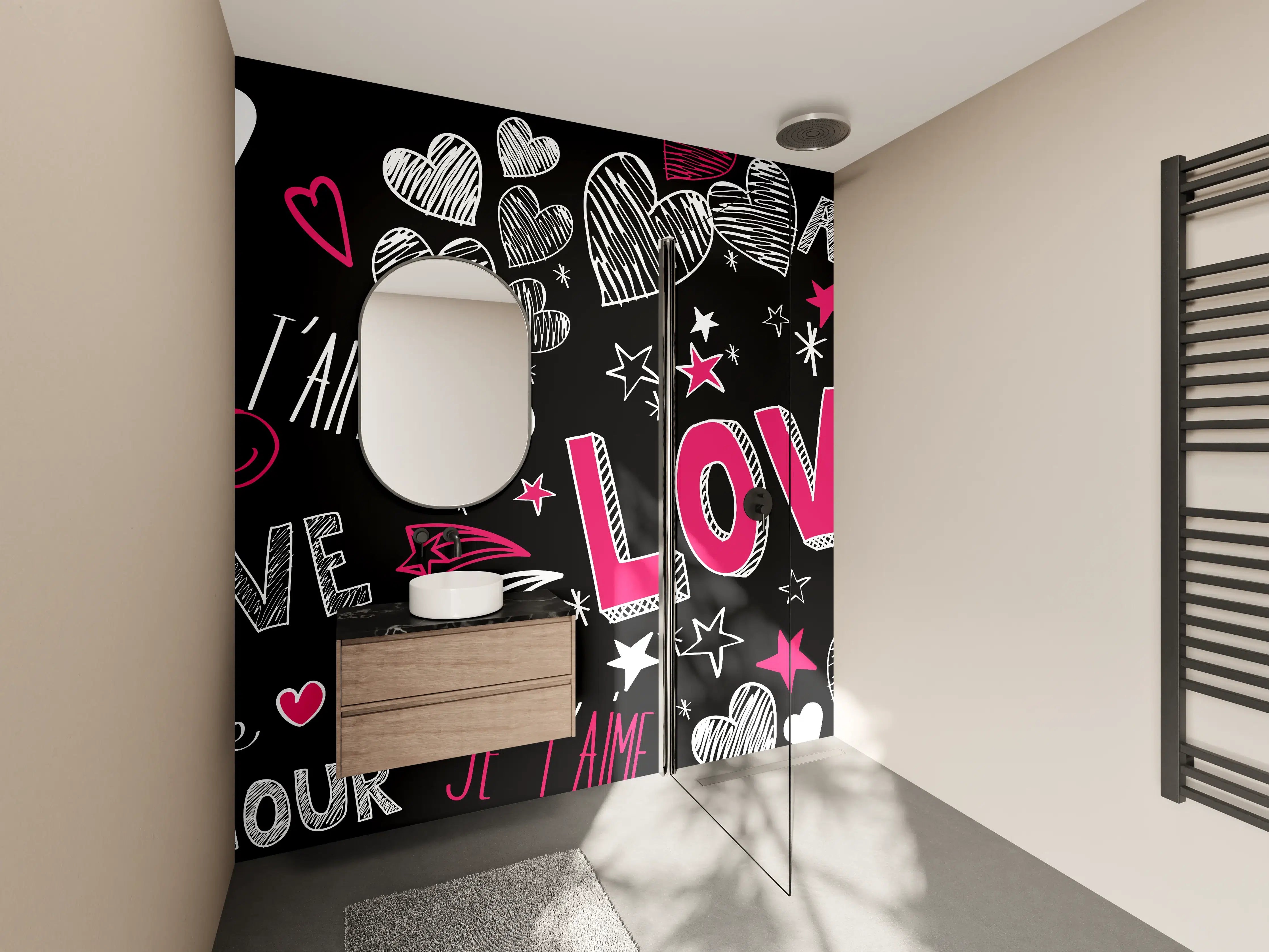 Wandverkleidung Bad - Bunte Liebe Herzen Schrift Banner