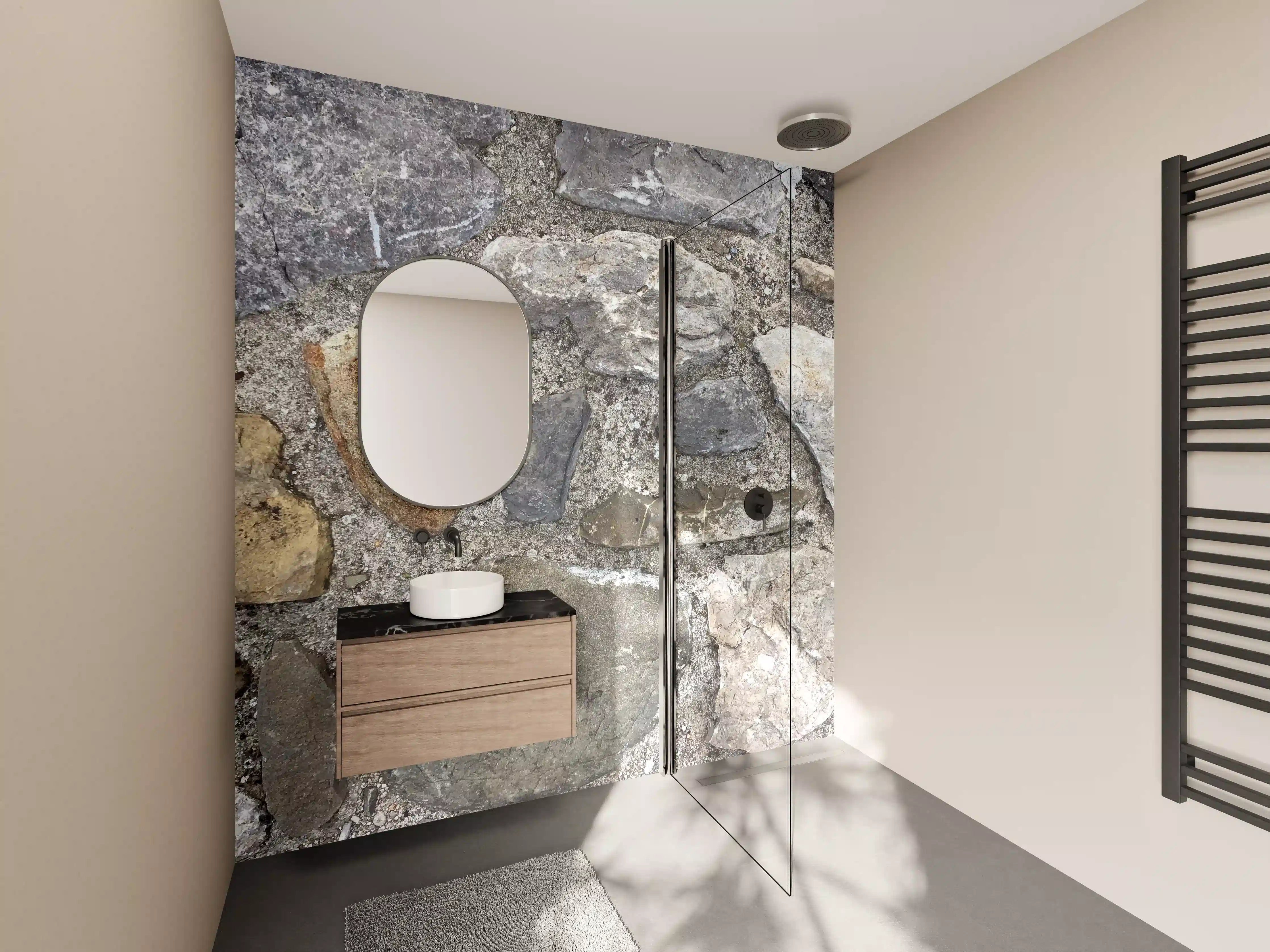 Wandverkleidung Bad - Bunte Natursteinmauer in Grau- & Weißtönen