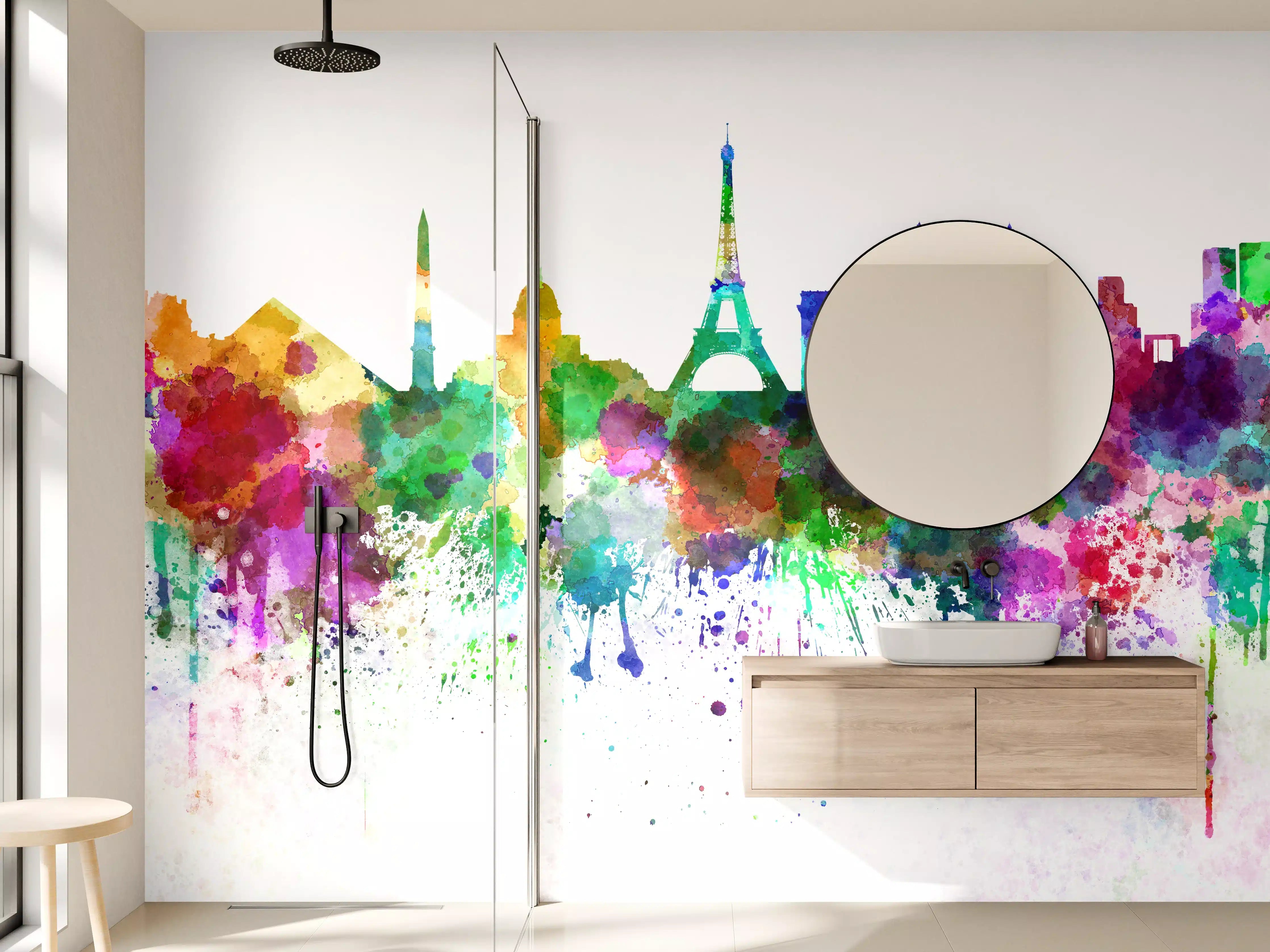 Wandverkleidung Bad - Bunte Paris Skyline Aquarell