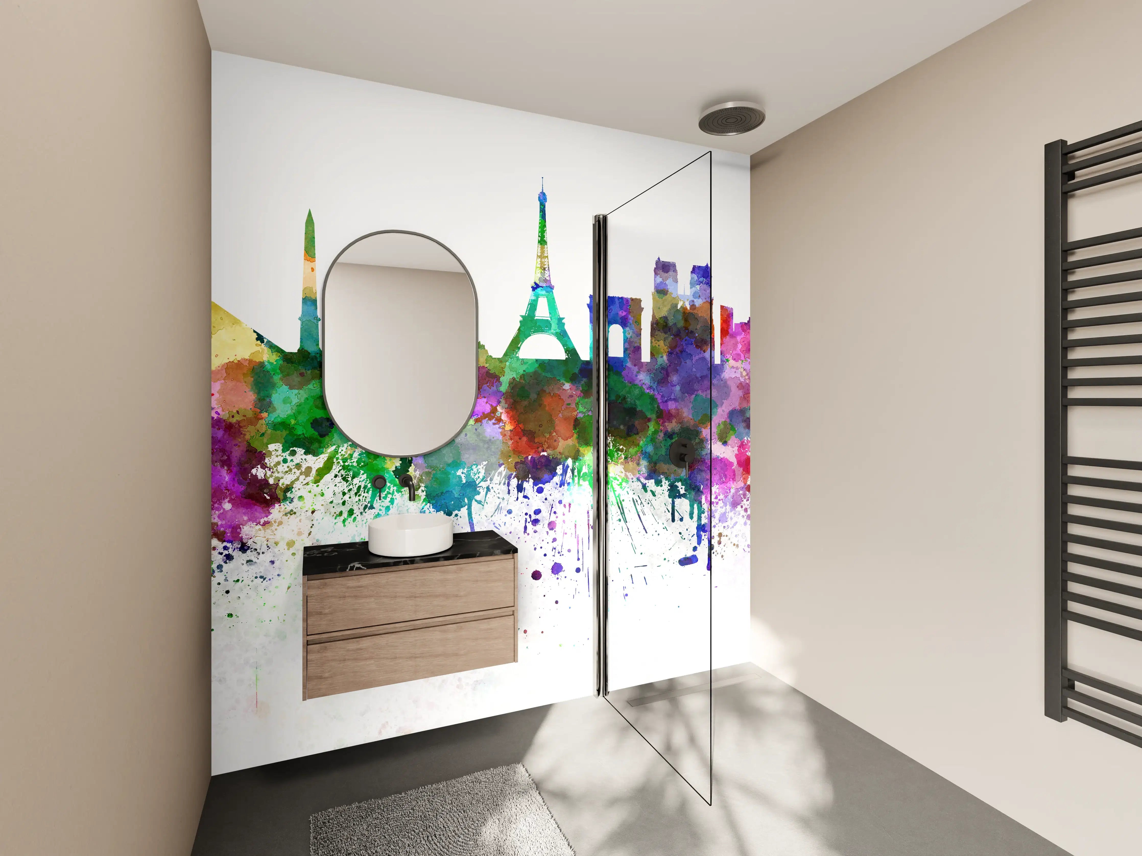 Wandverkleidung Bad - Bunte Paris Skyline Aquarell