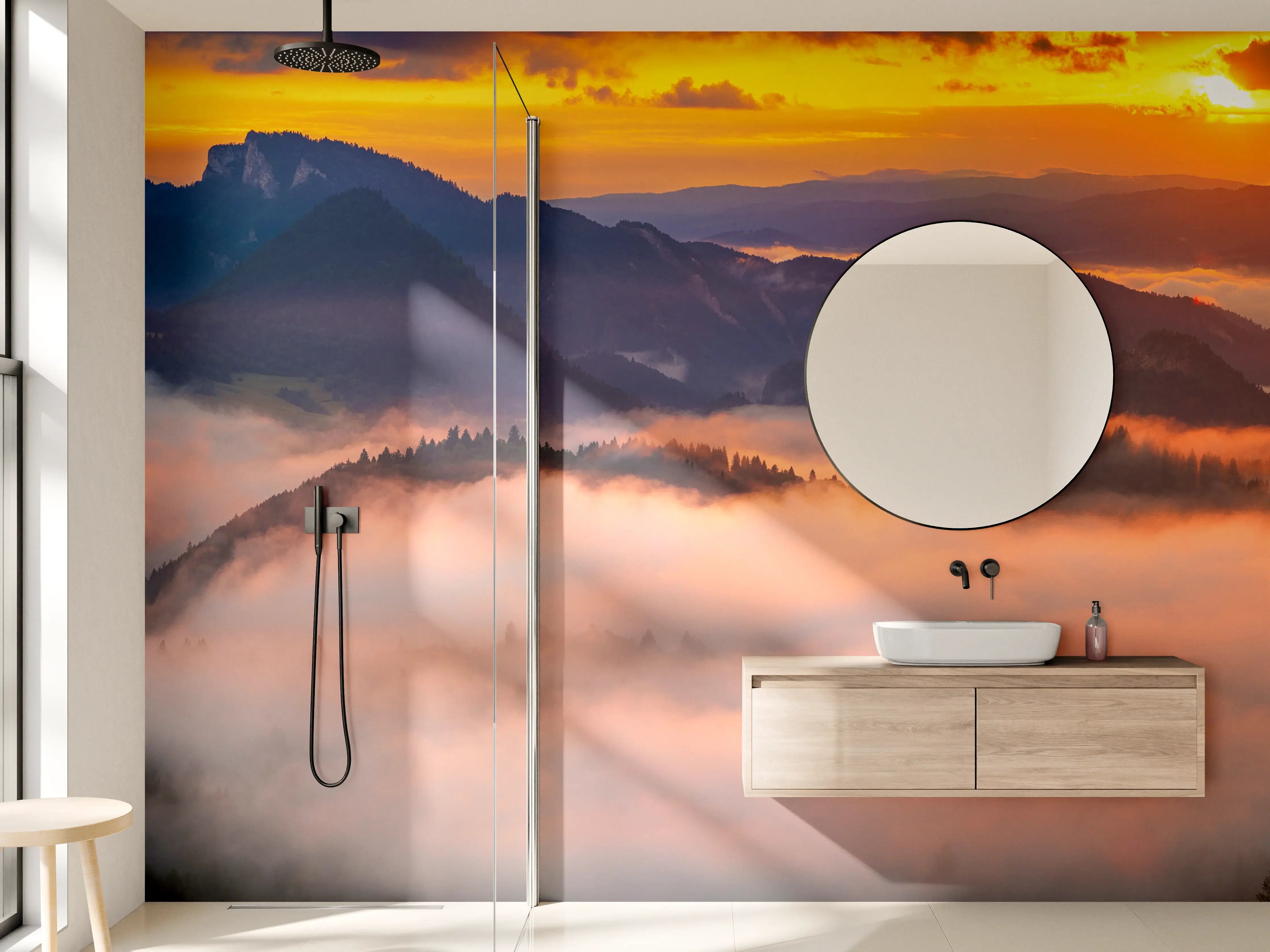 Wandverkleidung Bad - Bunte Sonnenaufgangslandschaft mit Nebel