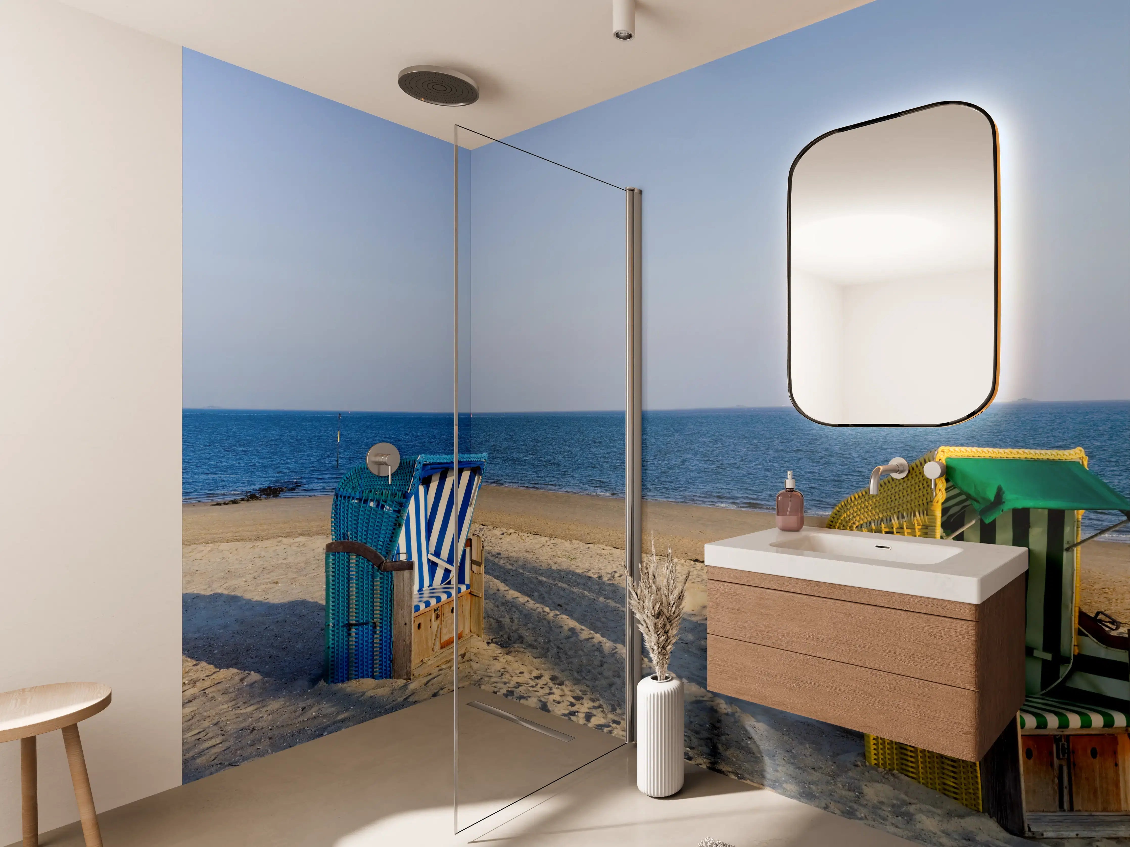 Wandverkleidung Bad - Bunte Strandkörbe am Meer