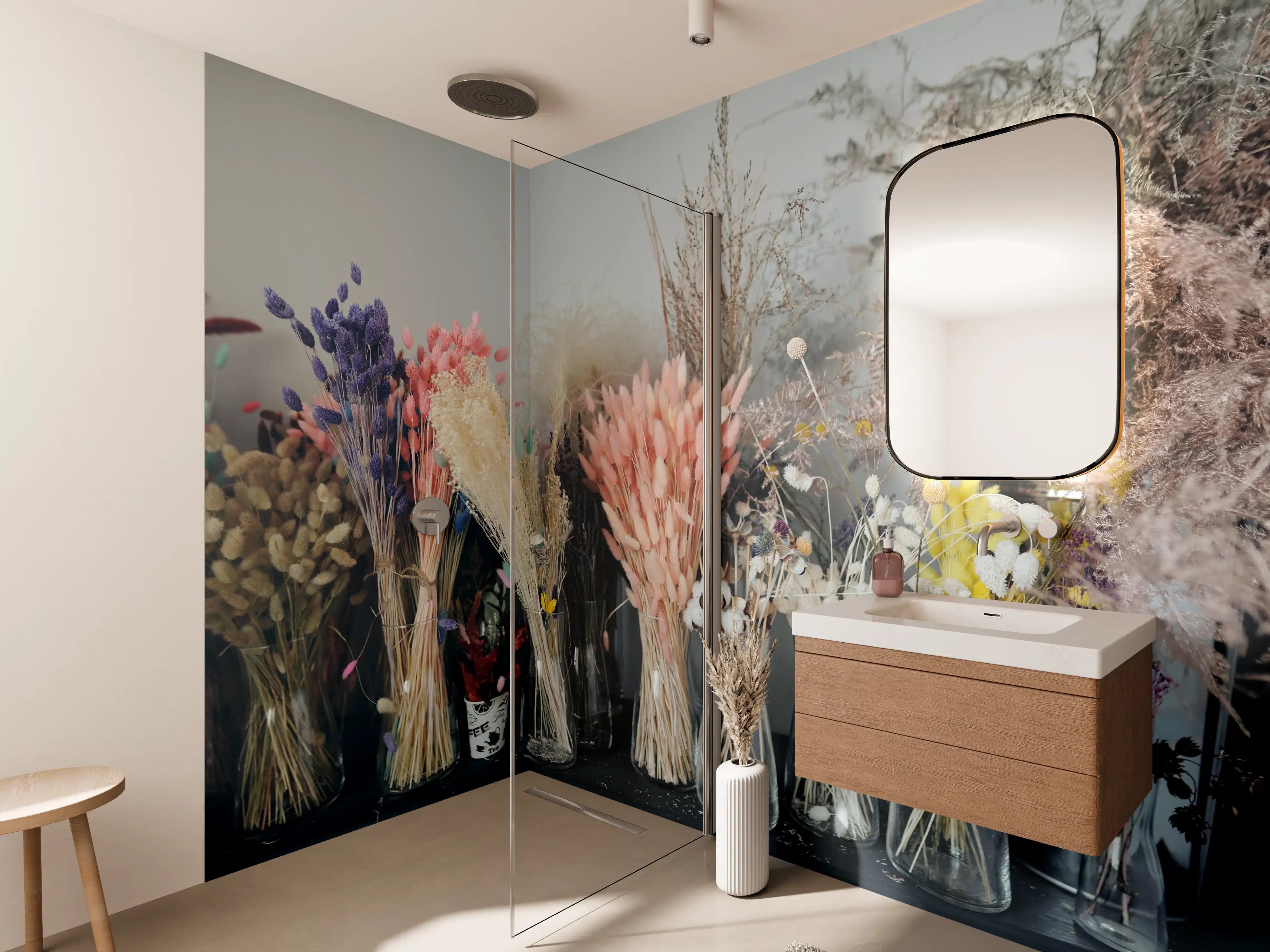 Wandverkleidung Bad - Bunte Trockenblumen im Regal