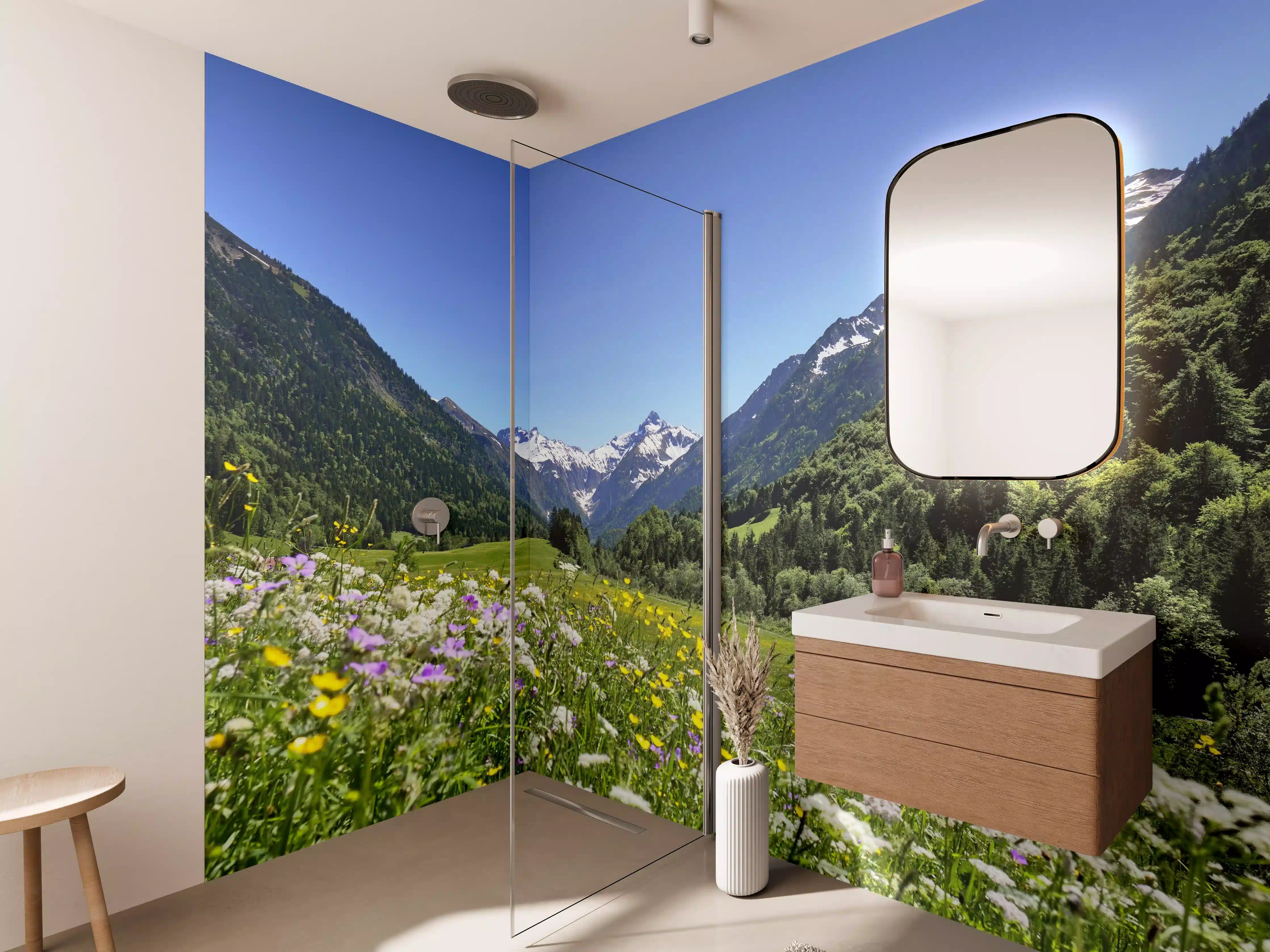 Wandverkleidung Bad - Bunte Wiese in den Alpen