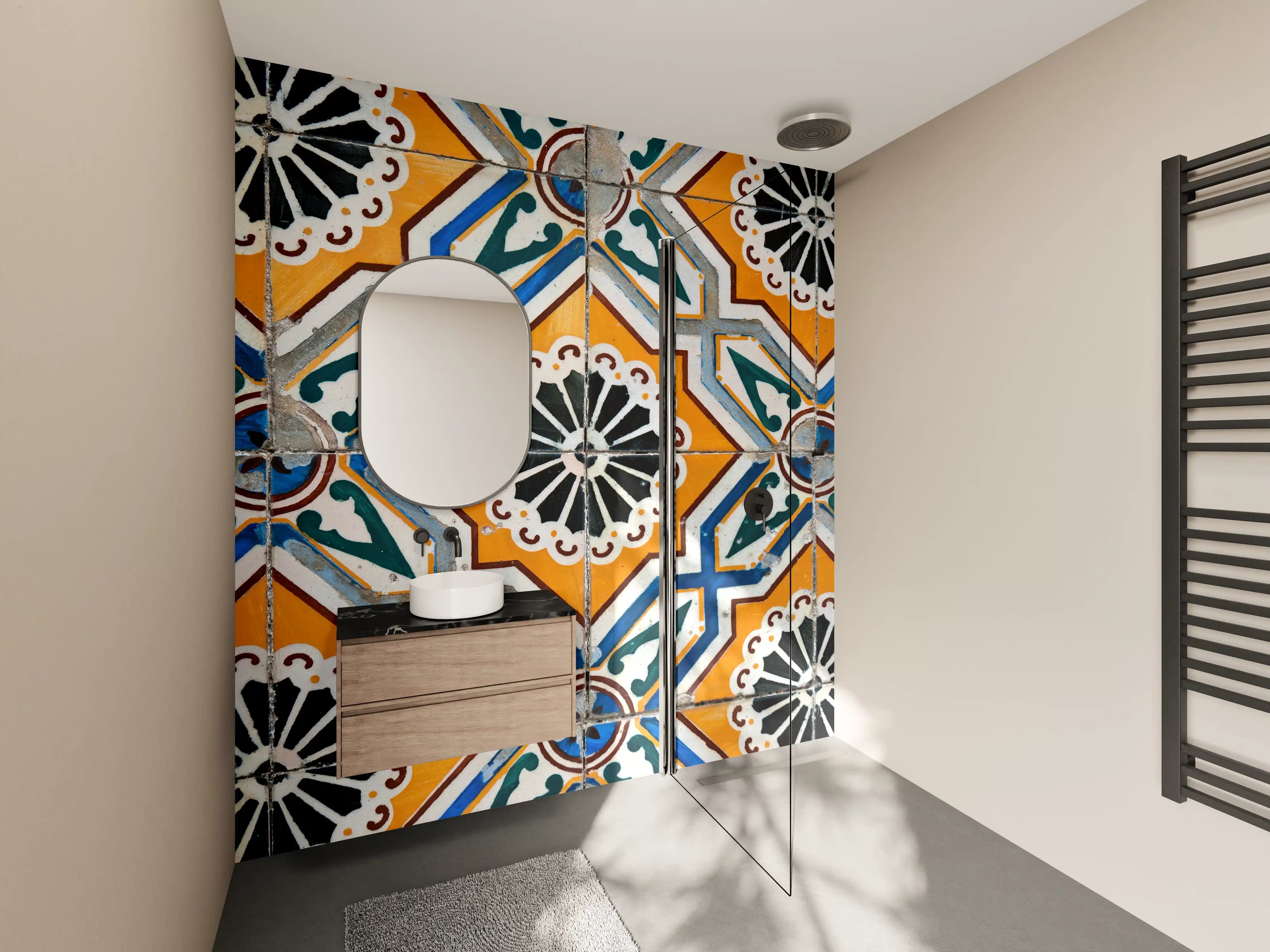 Wandverkleidung Bad - Bunte aztekische Fliesenmuster mit warmen Farben