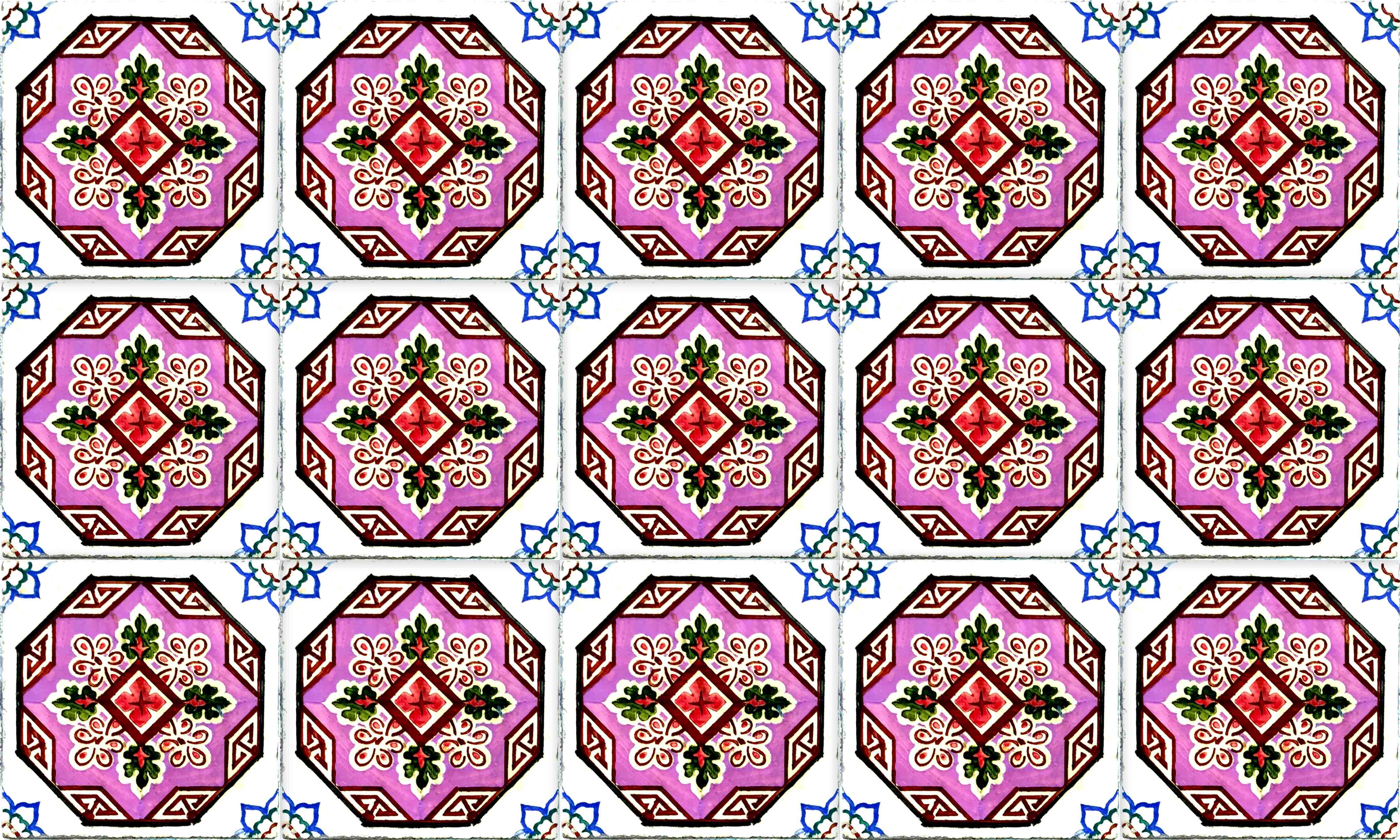 Wandverkleidung Bad-Bunte, geometrische Fliese mit floralem Muster