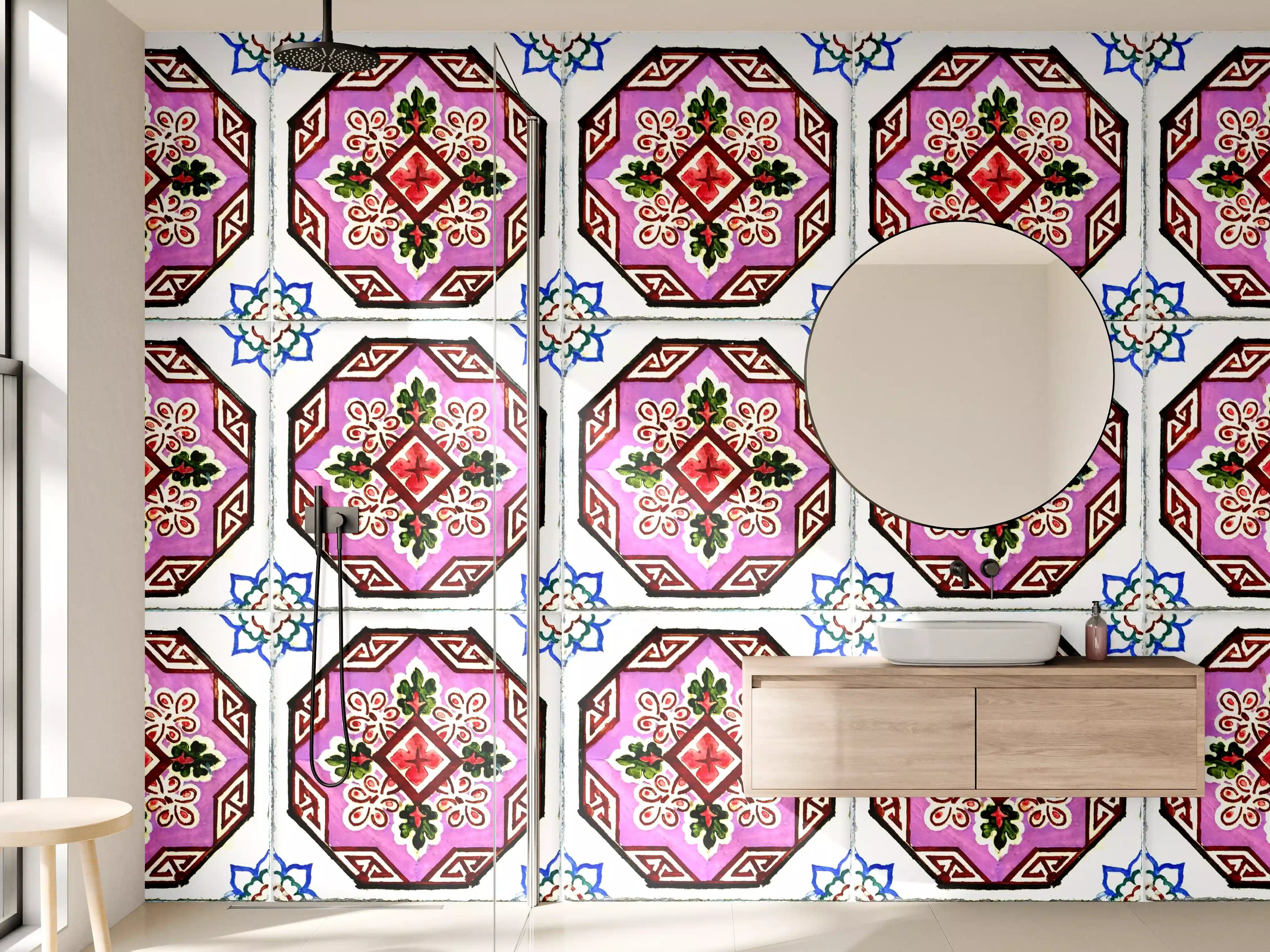 Wandverkleidung Bad - Bunte, geometrische Fliese mit floralem Muster