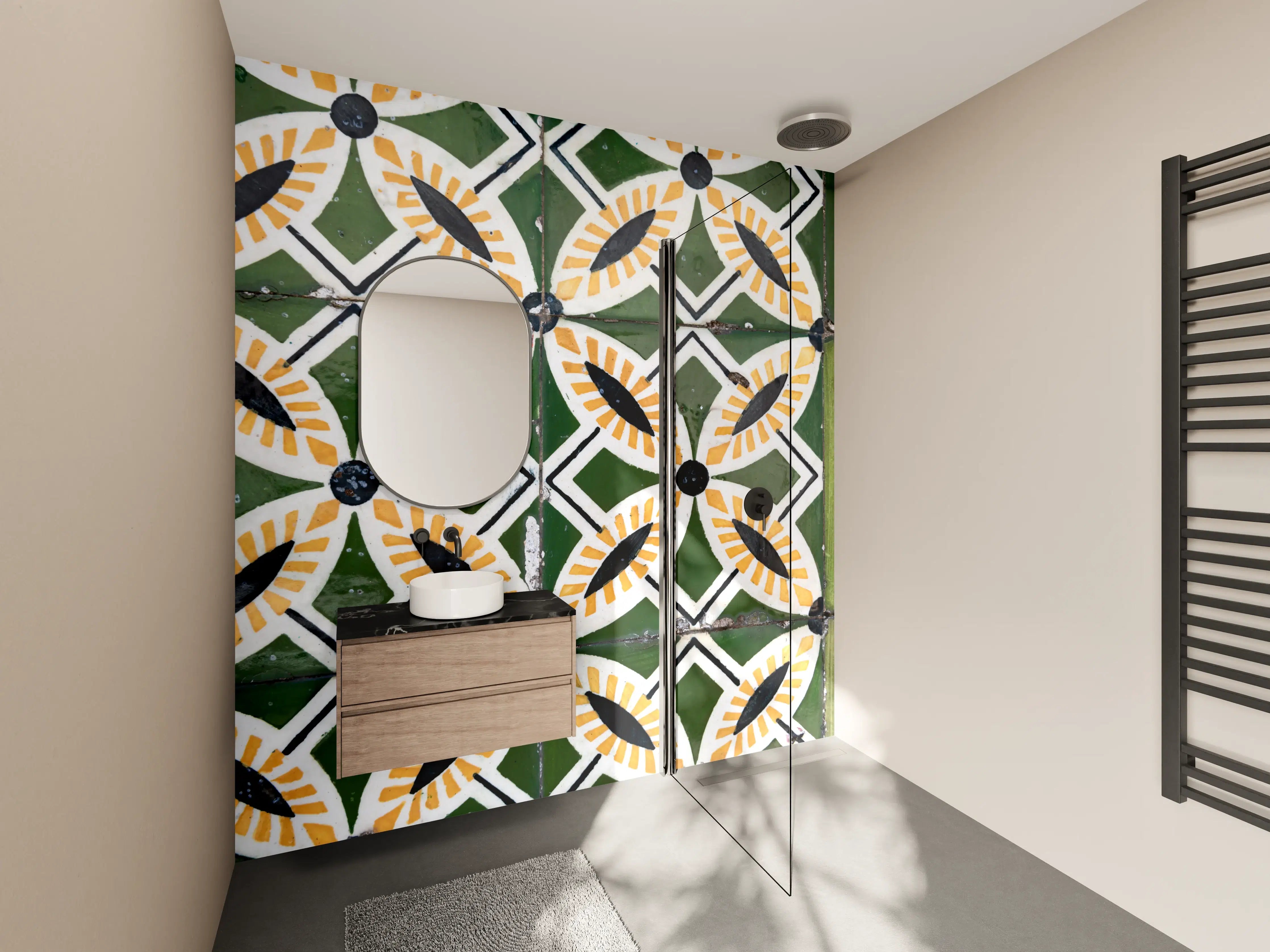 Wandverkleidung Bad - Bunte, geometrische Fliesenmuster mit Grüntönen